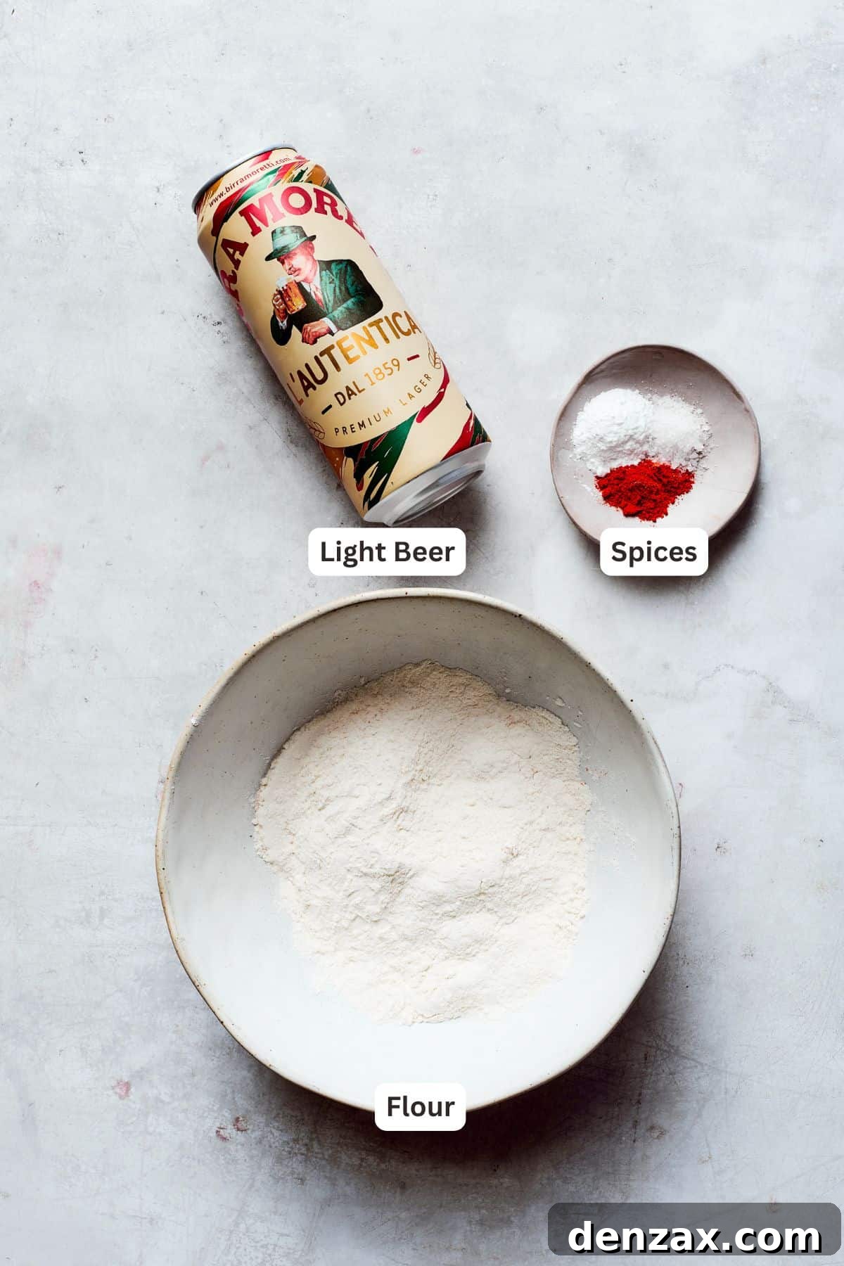 Batter ingredients are labeled: beer, flour, spices.
