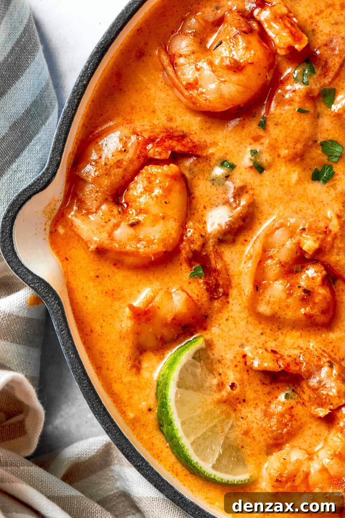 Close-up shot of Cajun shrimp.