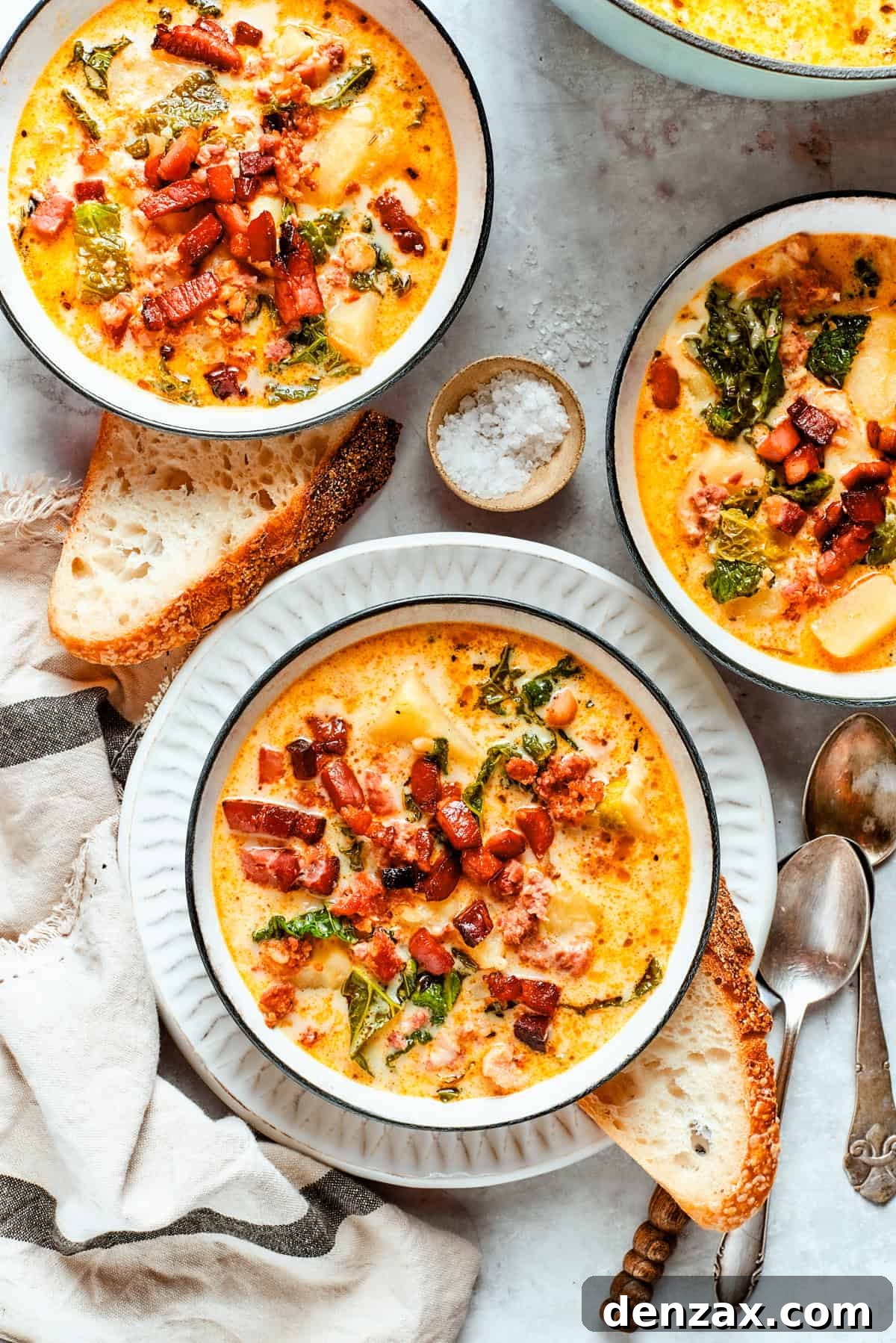Zuppa Toscana served in three bowls.