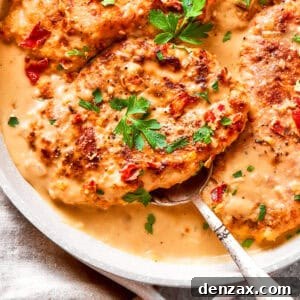 A serving spoon lifts out a portion of smothered chicken.
