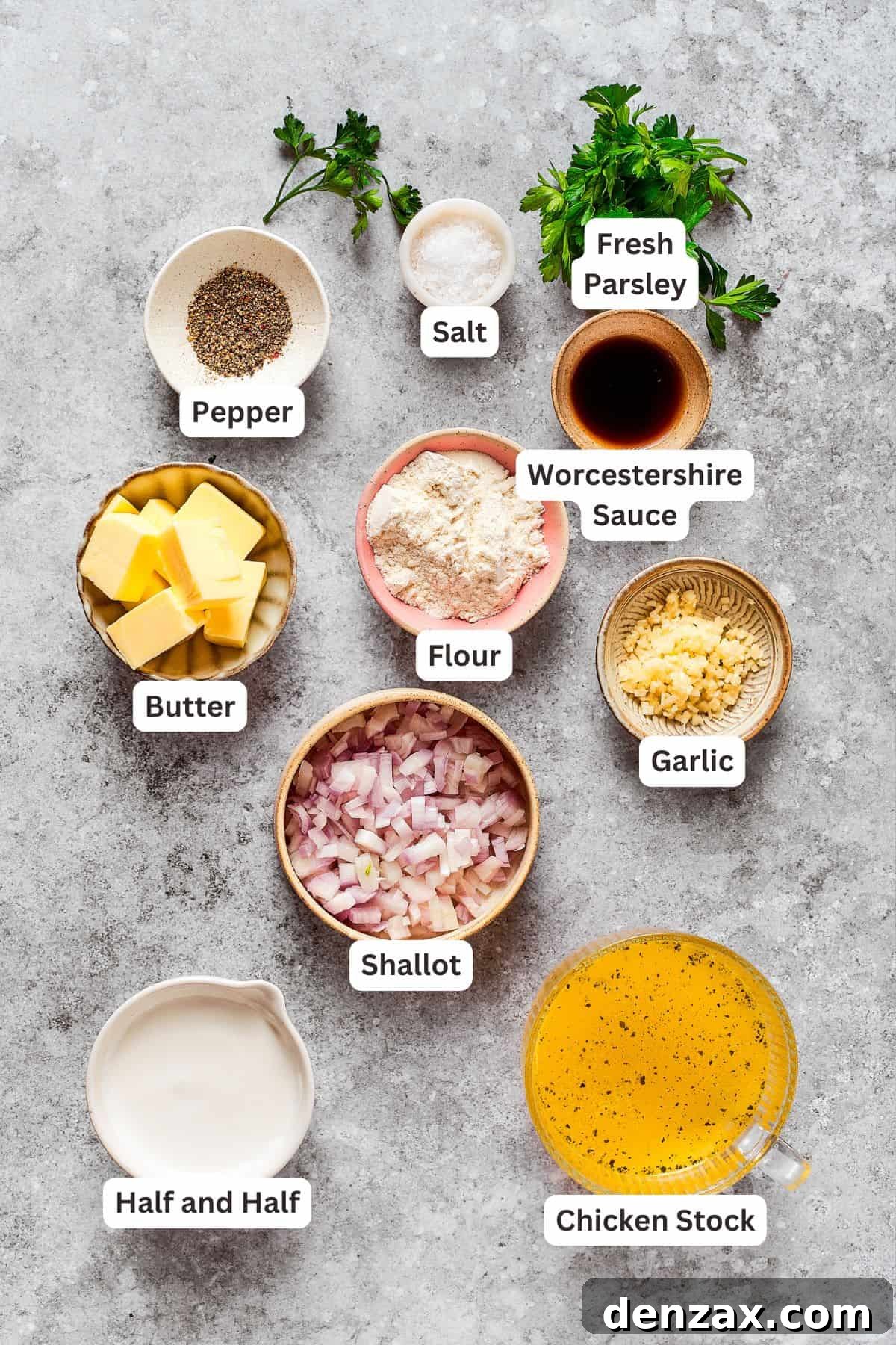 The ingredients for smothered chicken gravy are text-labeled.