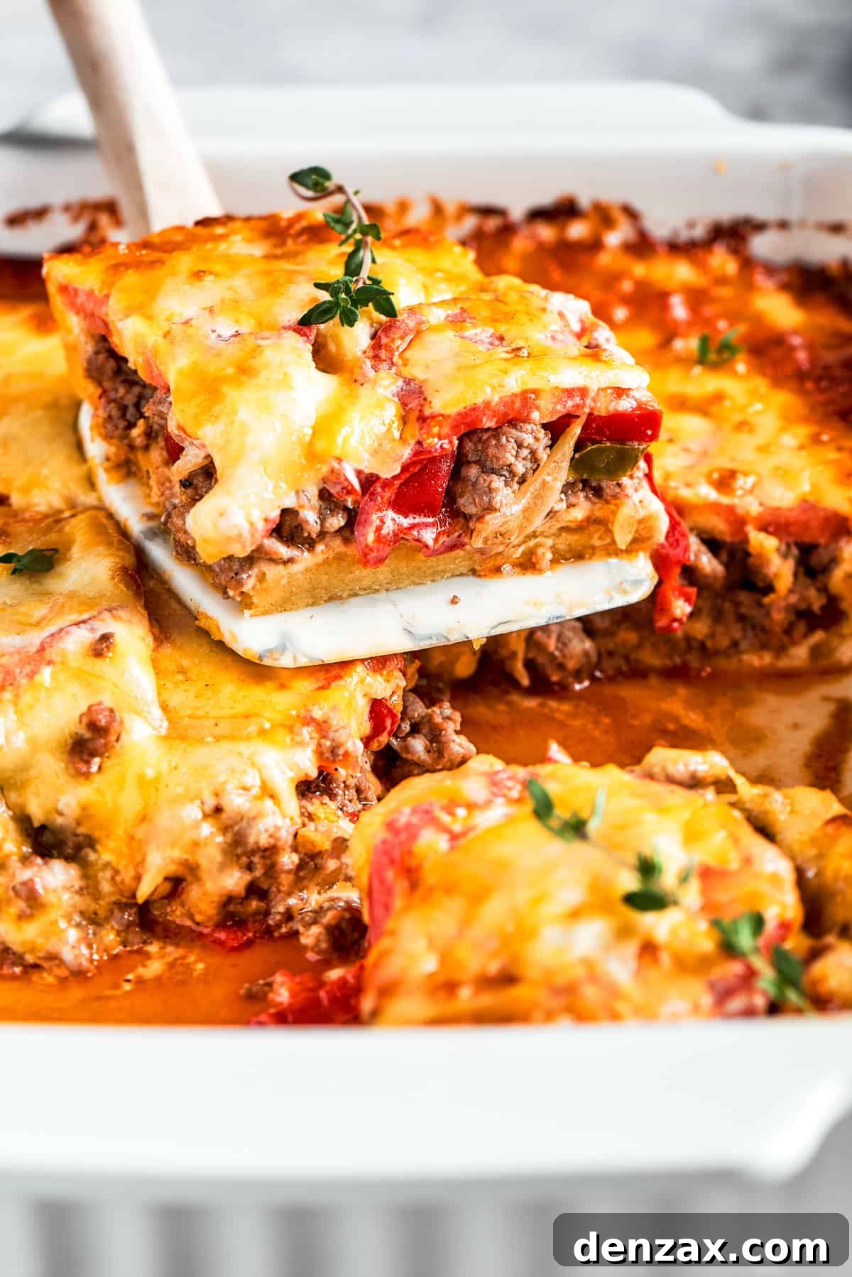 This John Wayne Casserole recipe starts with a flaky biscuit base, layered with taco beef, veggies, and sour cream, and topped with melty cheese. A slice of John Wayne Casserole being lifted out of the baking dish.