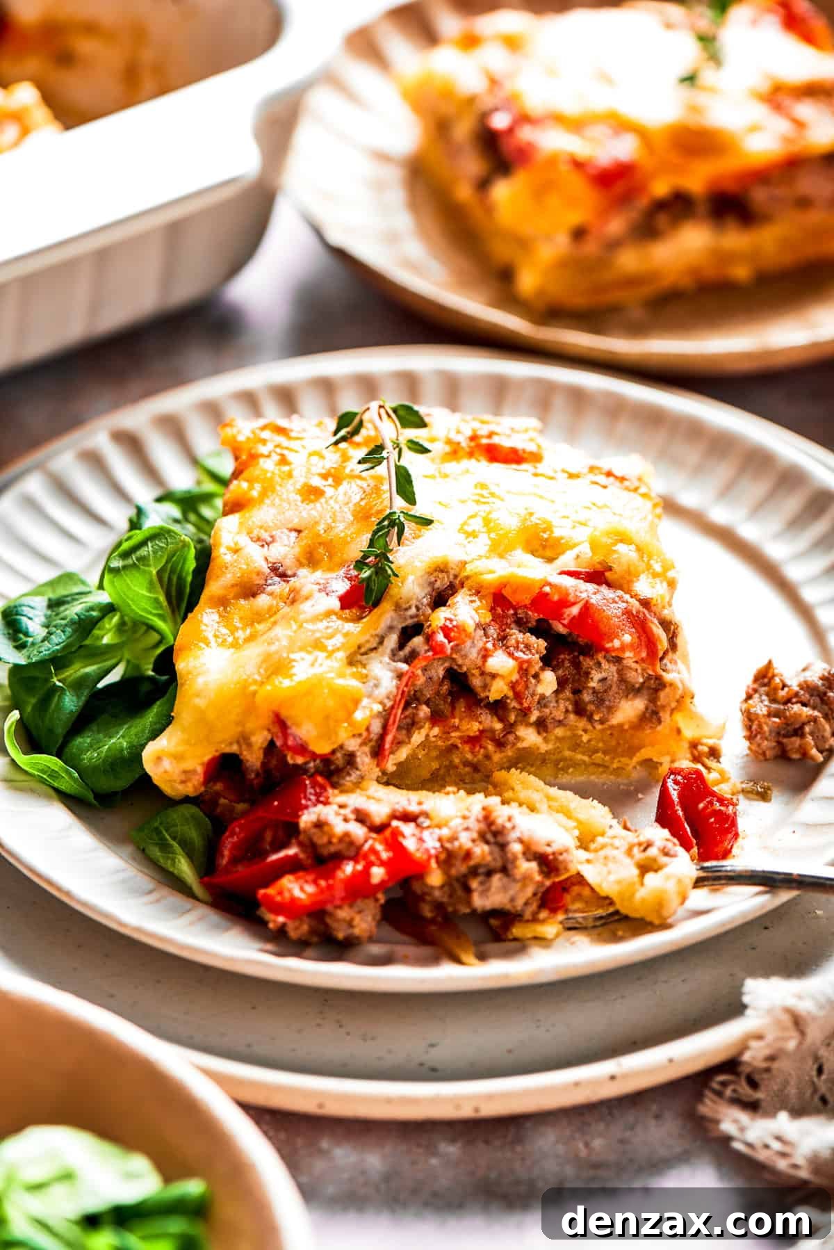 A plated slice of John Wayne Casserole. A slice of casserole resting on a dinner plate.
