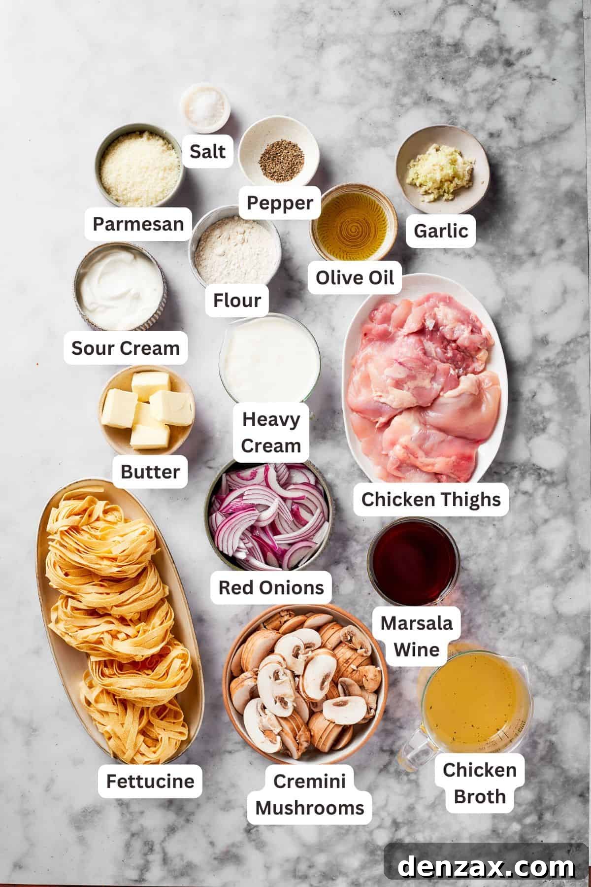 Ingredients for chicken marsala fettuccine.