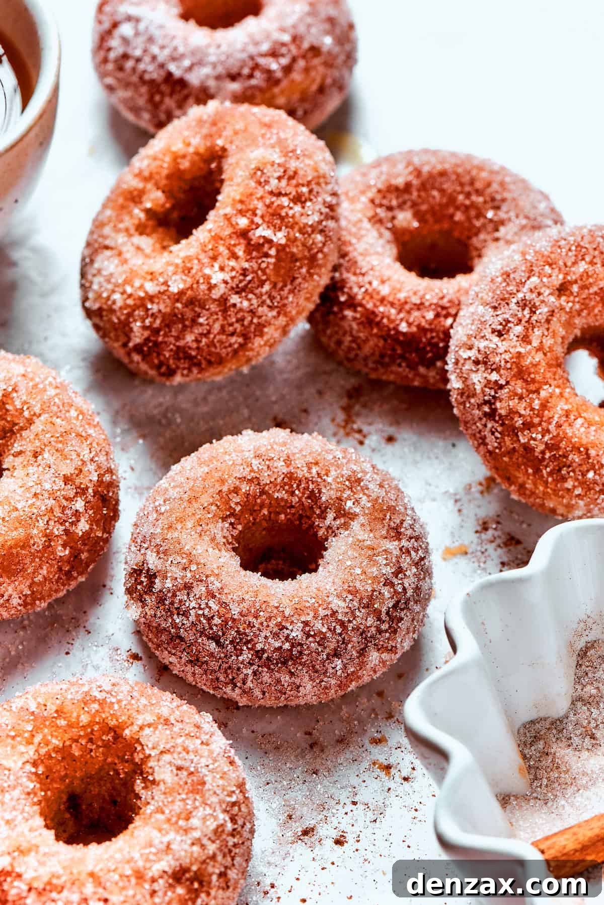 Cinnamon sugar sparkles on baked apple cider donuts.