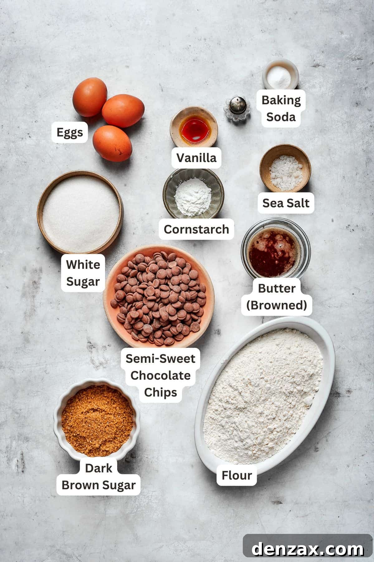 Ingredients for brown butter chocolate chip cookies including butter and brown sugar are text-labeled.