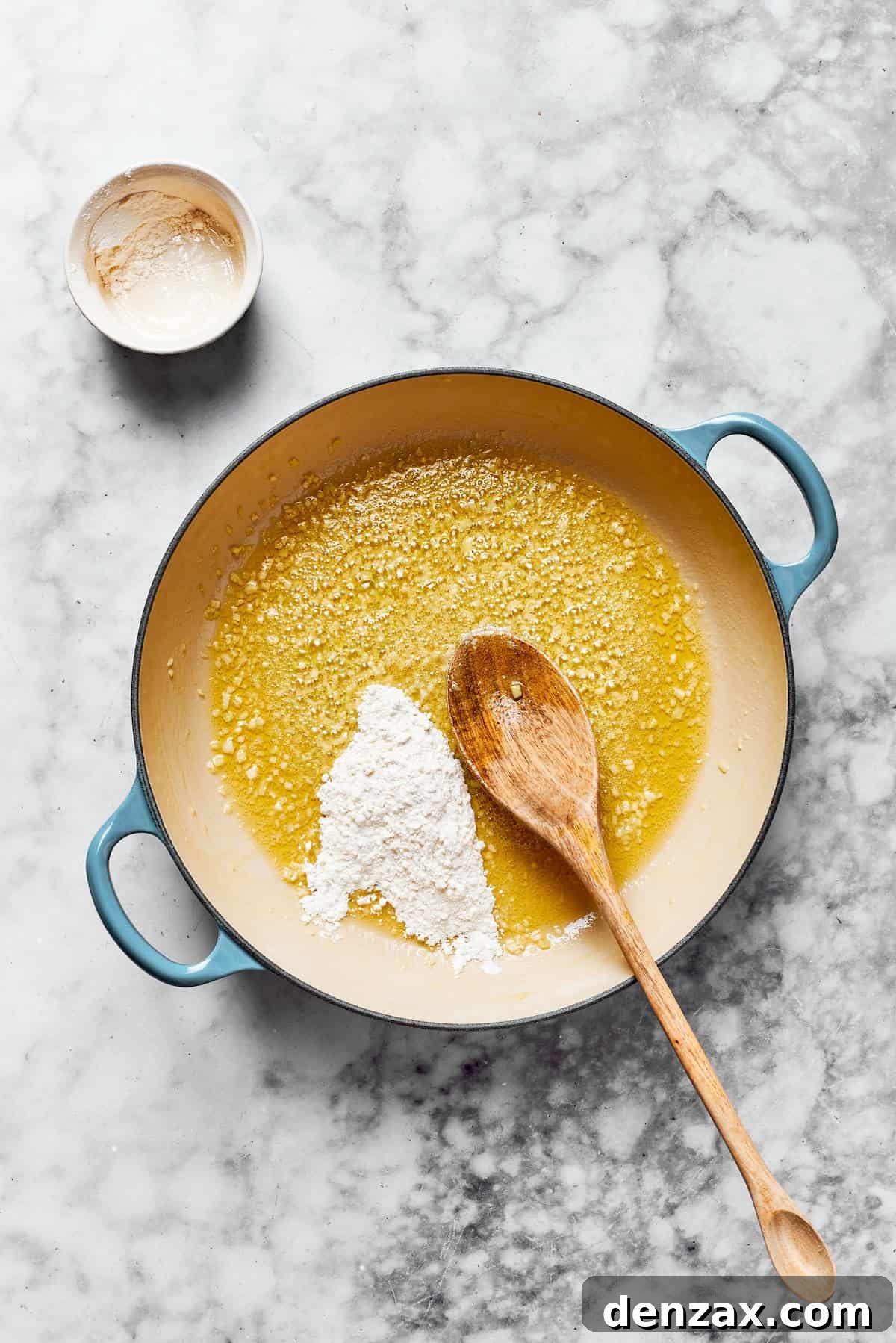Melted butter and flour in a pan.