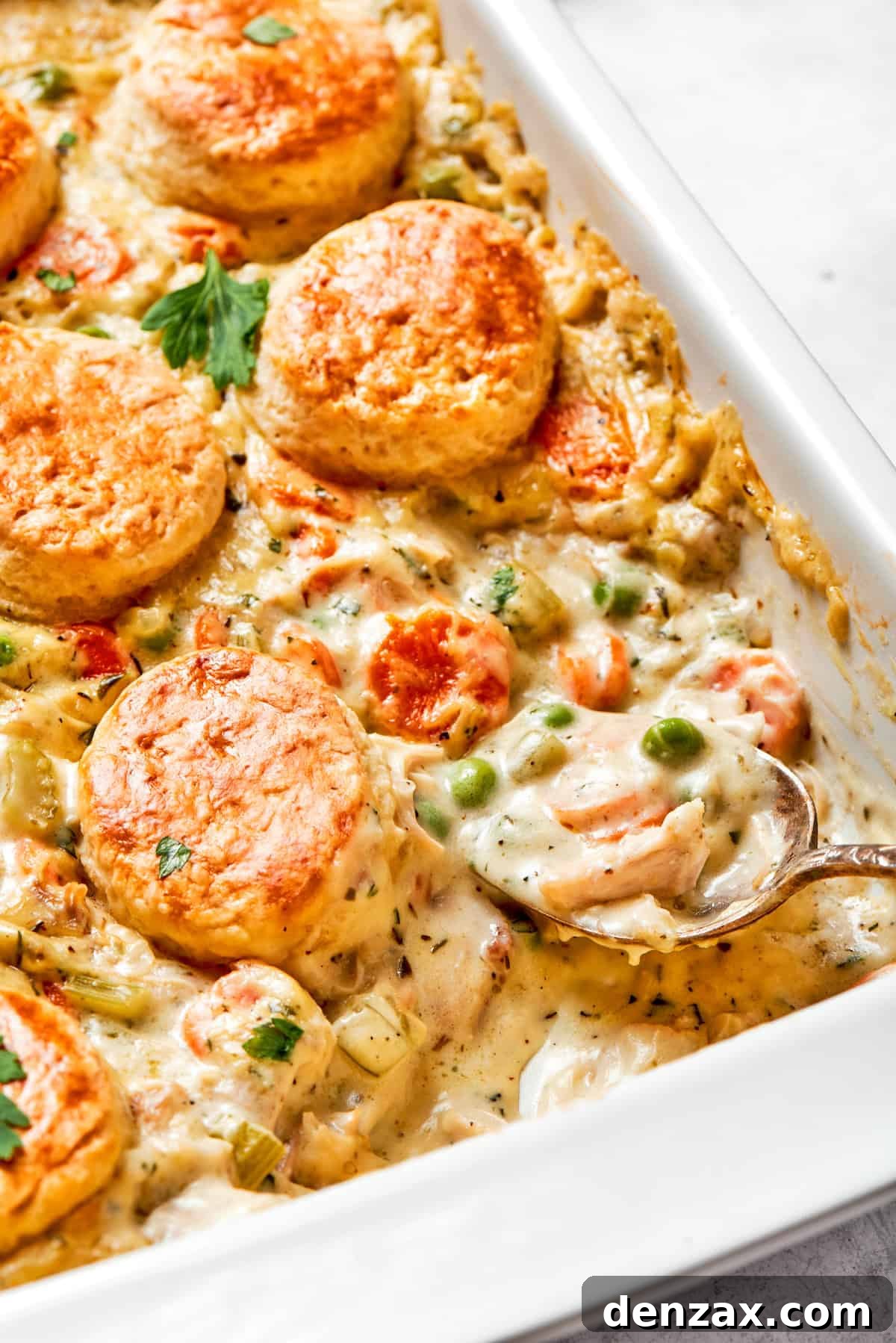 Chicken pot pie casserole in a baking dish.
