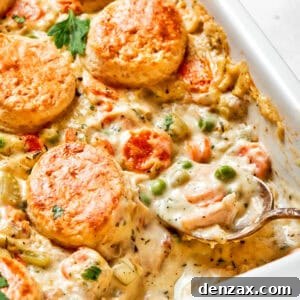 Chicken pot pie casserole in a baking dish.