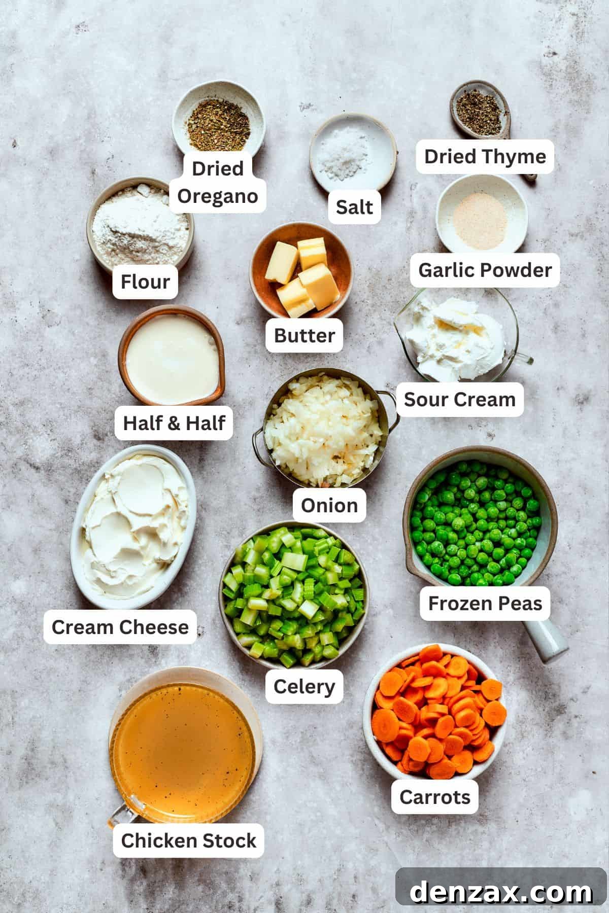 Ingredients for chicken pot pie filling.