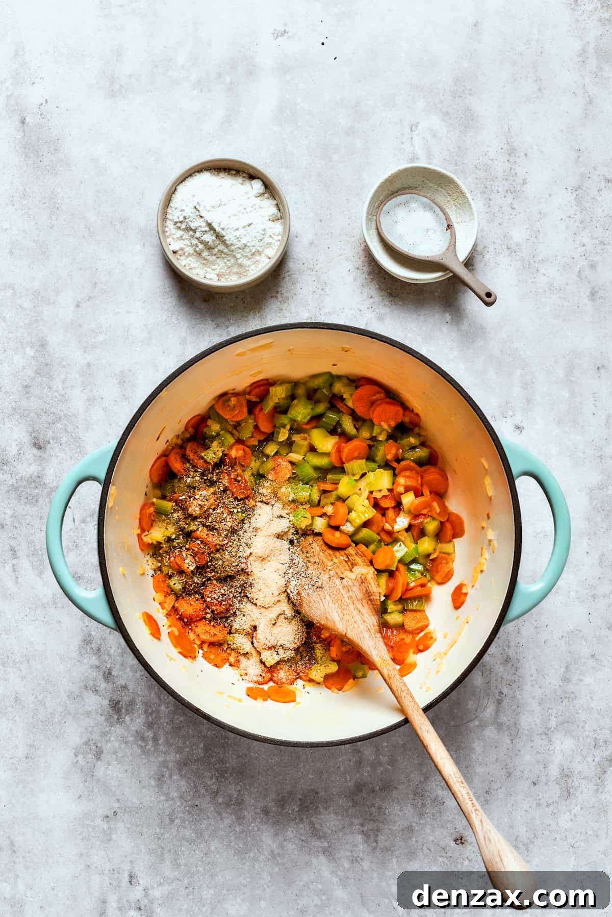 Cooking veggies in a large pot.