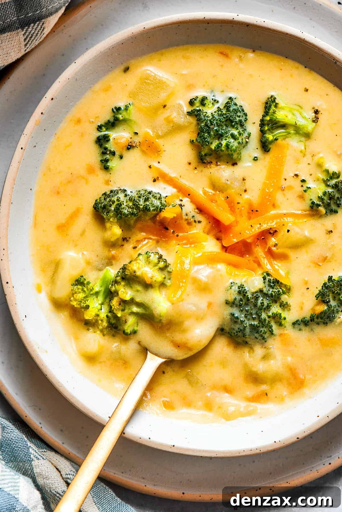 Bowl of broccoli cheese soup garnished with shredded cheese and broccoli florets.