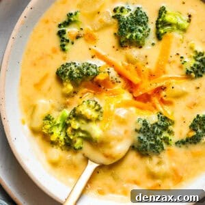 Bowl of broccoli cheese soup garnished with shredded cheese and broccoli florets.