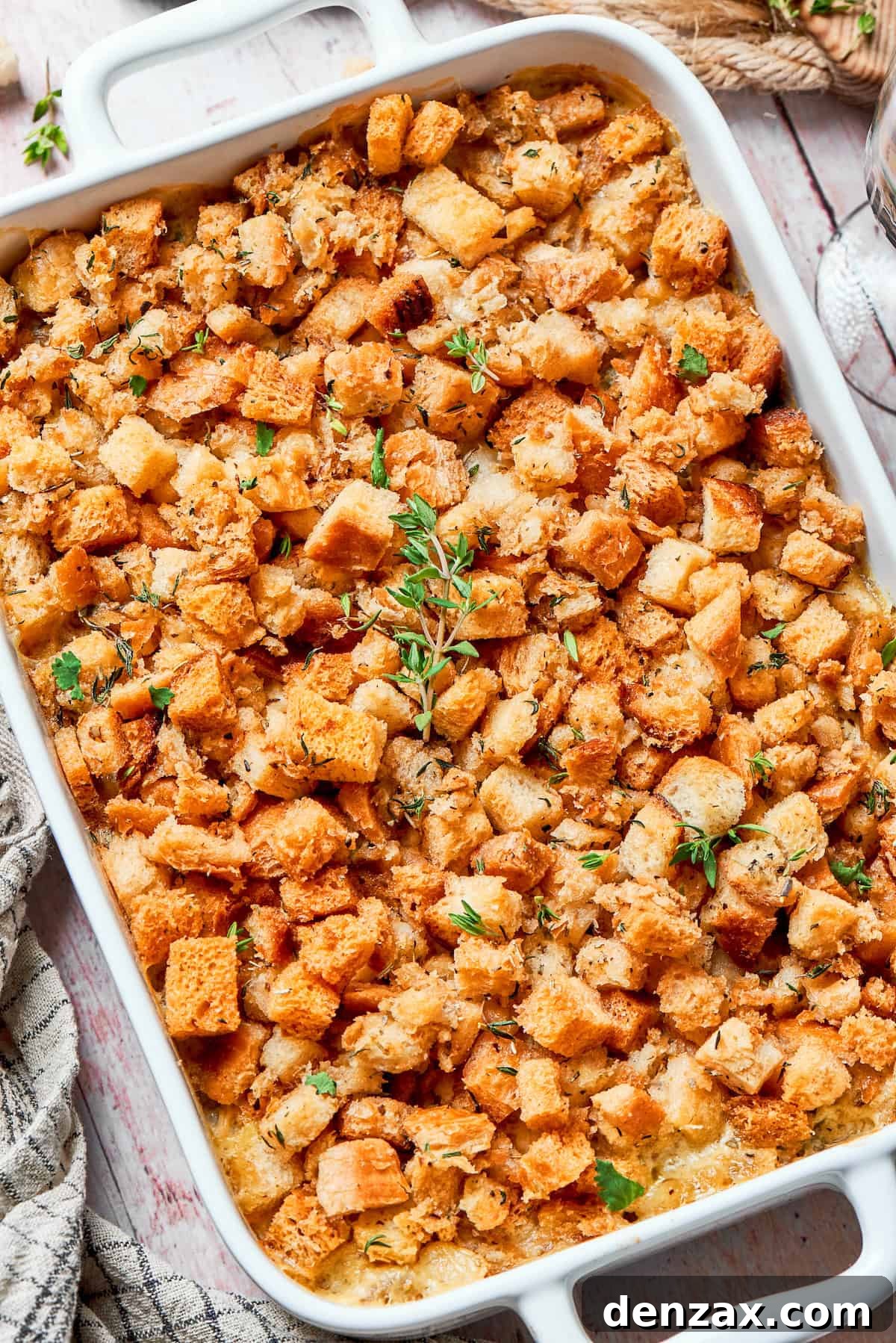 This chicken stuffing casserole features tender chicken filling with veggies topped with classic stuffing. An easy recipe baked until golden! Baked chicken stuffing casserole in a 9x13 dish.