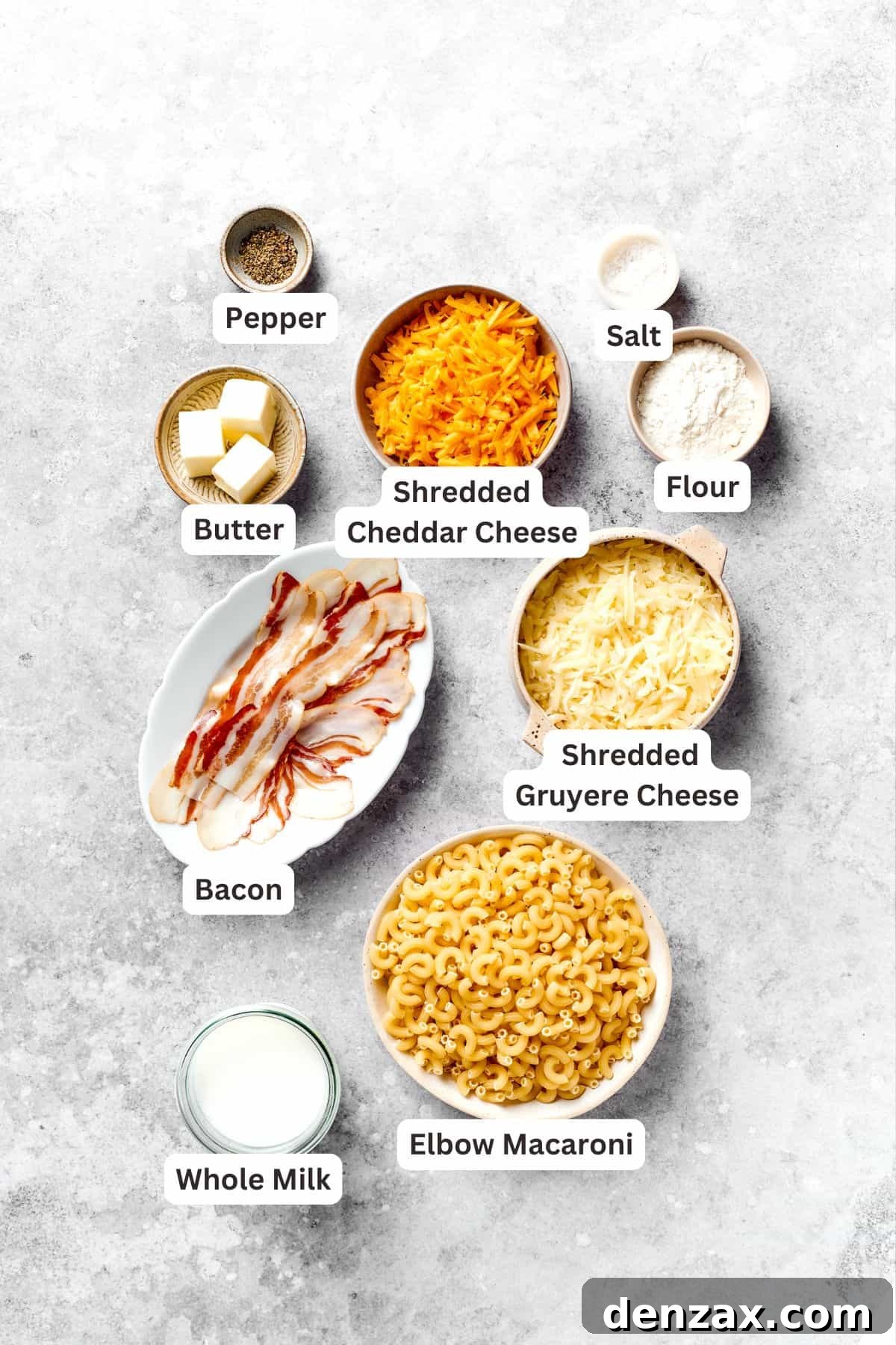 Text labeled ingredients for bacon mac and cheese.
