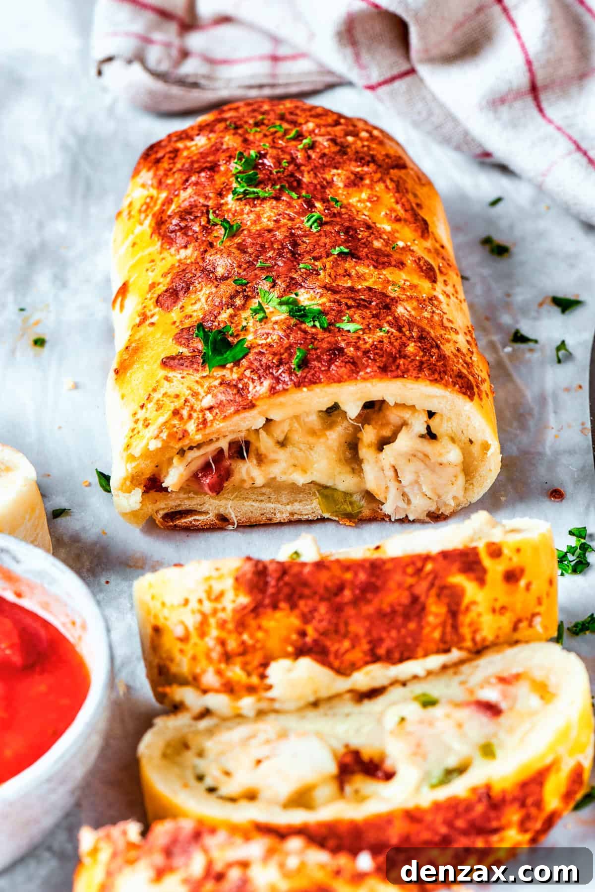 Sliced chicken bake sandwich.