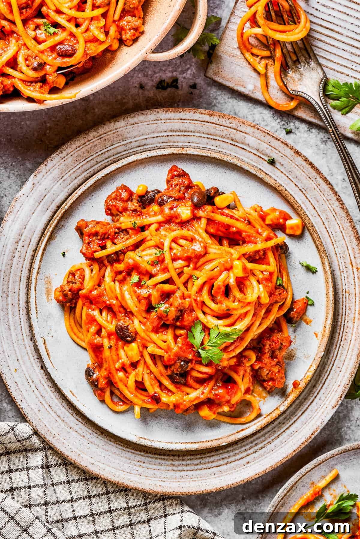 Taco spaghetti on a plate.