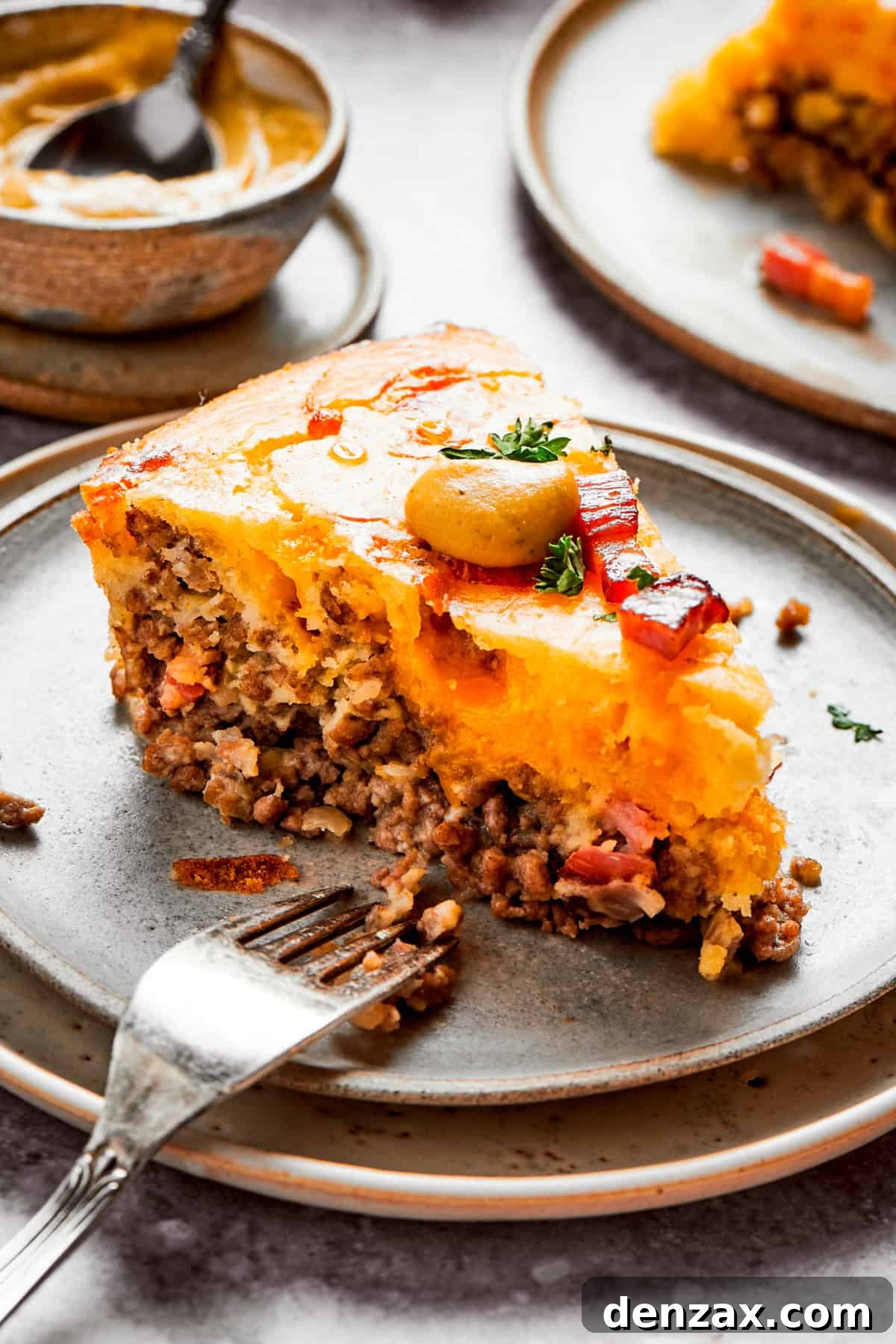 A slice of cheeseburger pie on a plate with a fork set near it.