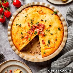 Overhead image of cheeseburger pie in a pie dish, with one wedge cut out.
