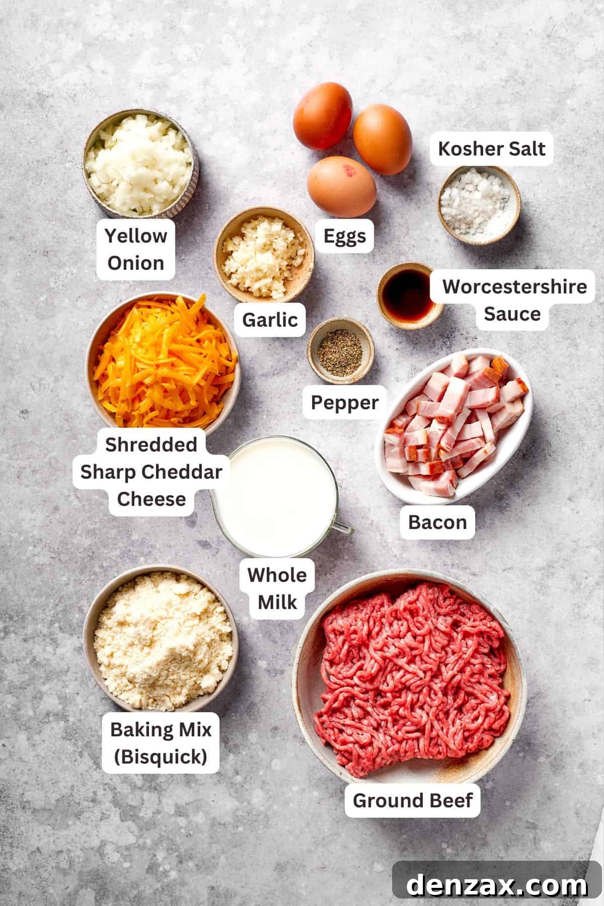 Ingredients for cheeseburger pie are text-labeled.