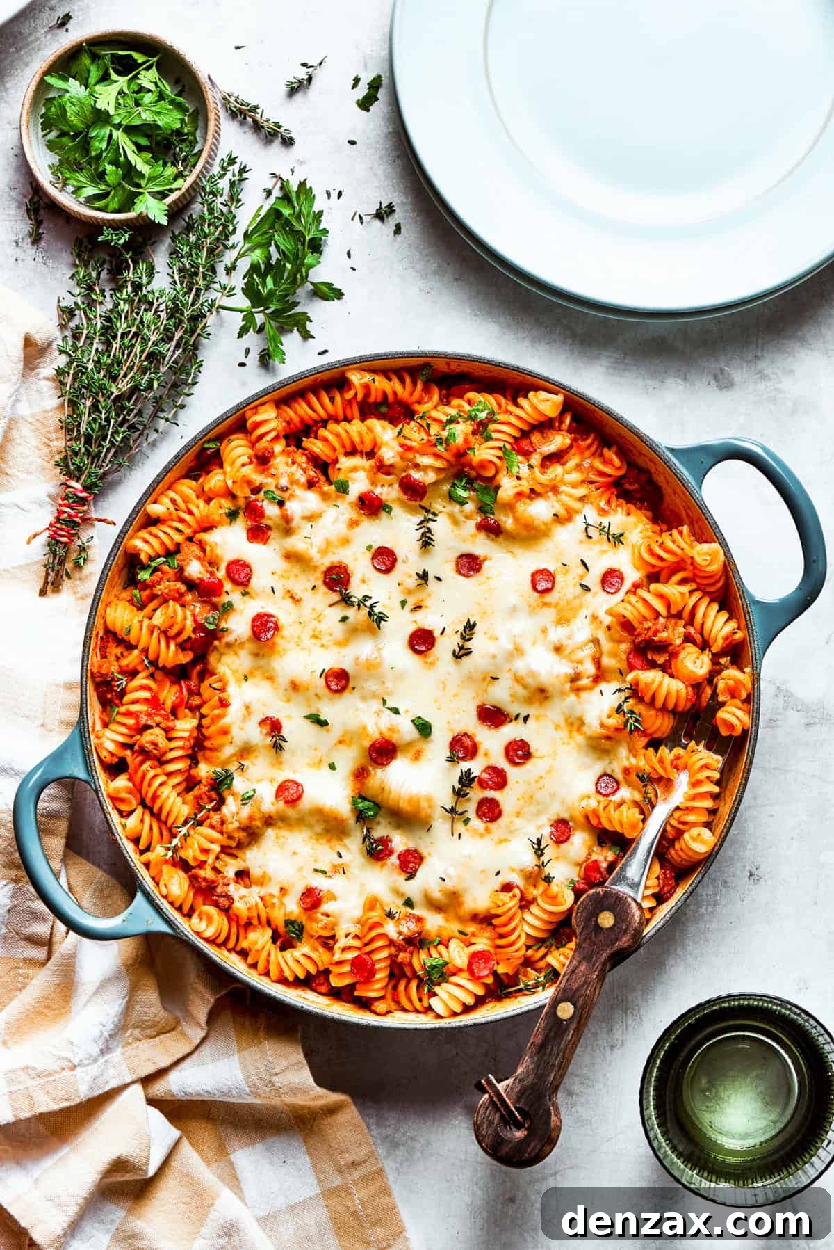 Wide shot of a baking dish with pasta topped with melted cheese and pepperoni.