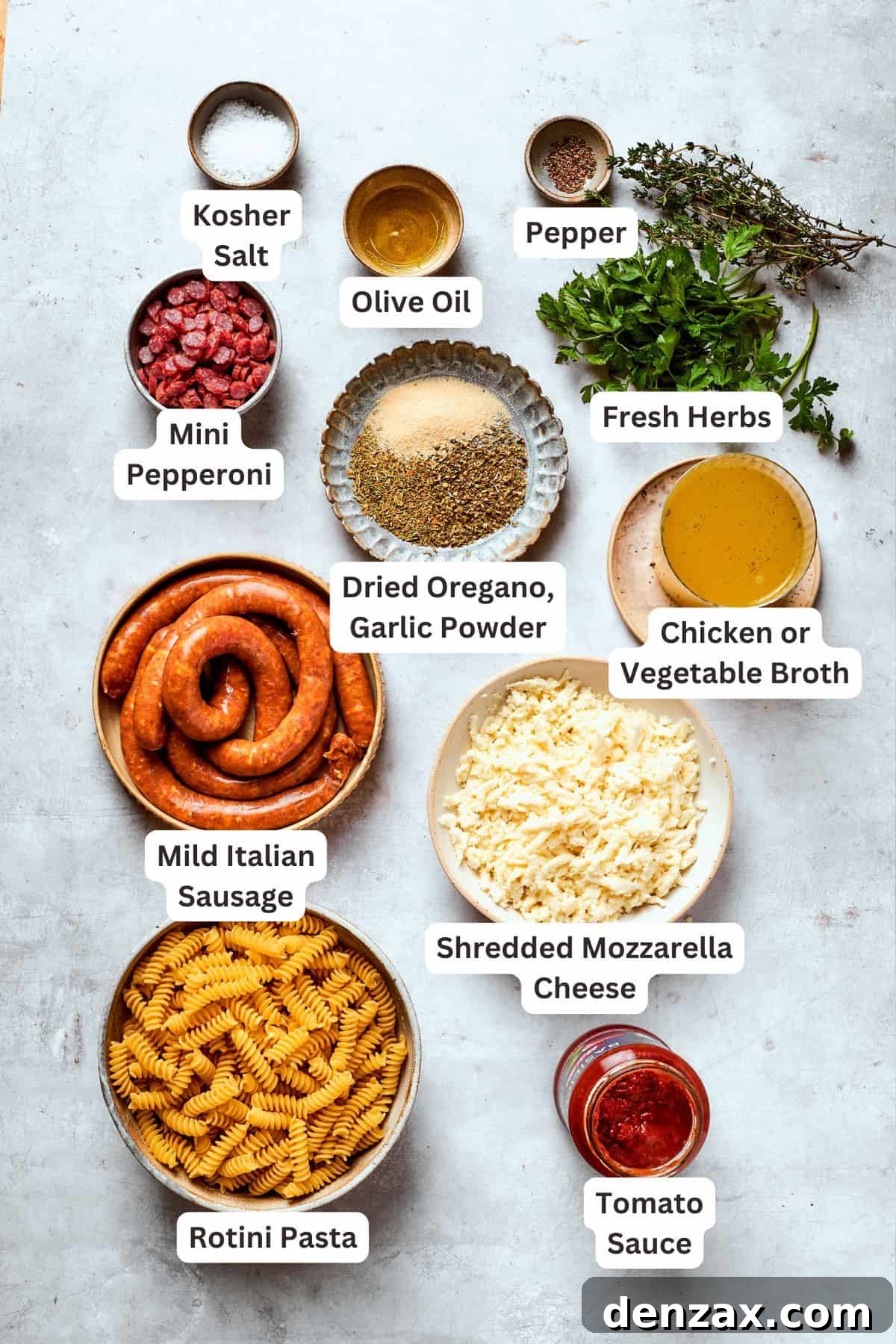 Ingredients for pizza pasta are portioned out and text-labeled.