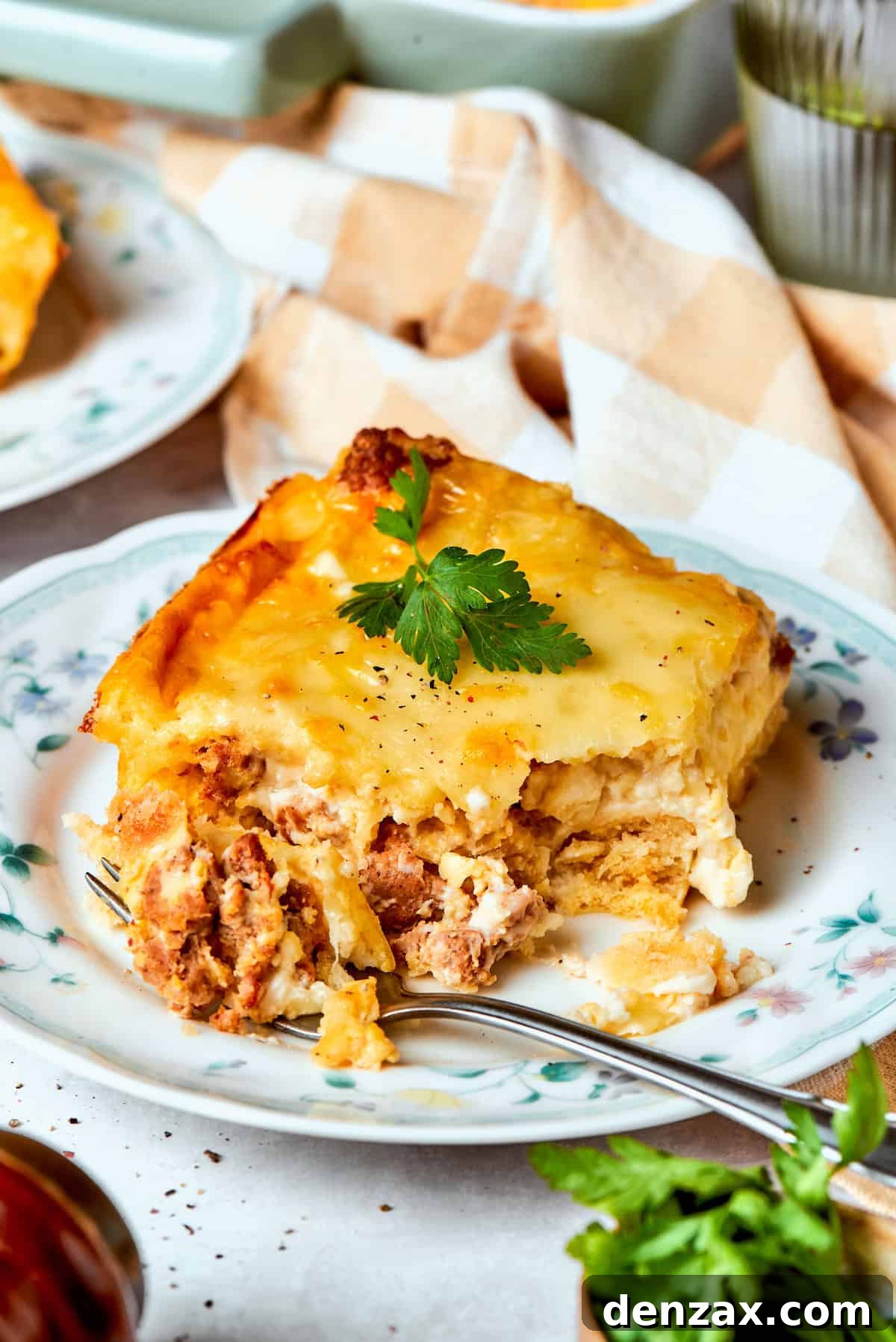 A fork cuts into a piece of biscuits and gravy casserole.