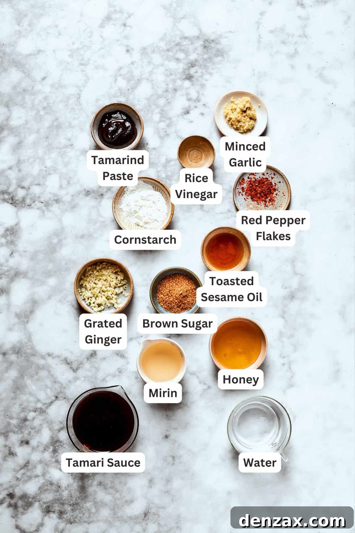 Teriyaki sauce ingredients are portioned out and text-labeled.