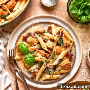A plate of marry me chicken pasta garnished with fresh basil.