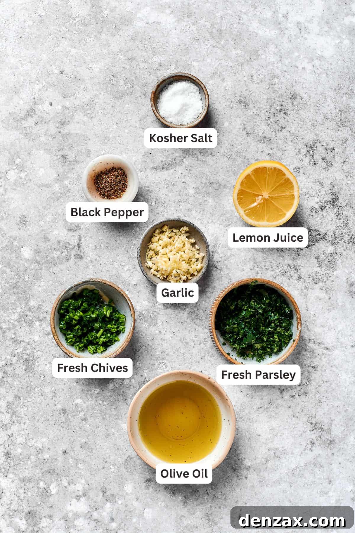 Ingredients for steak and eggs sauce are text-labeled and portioned out.