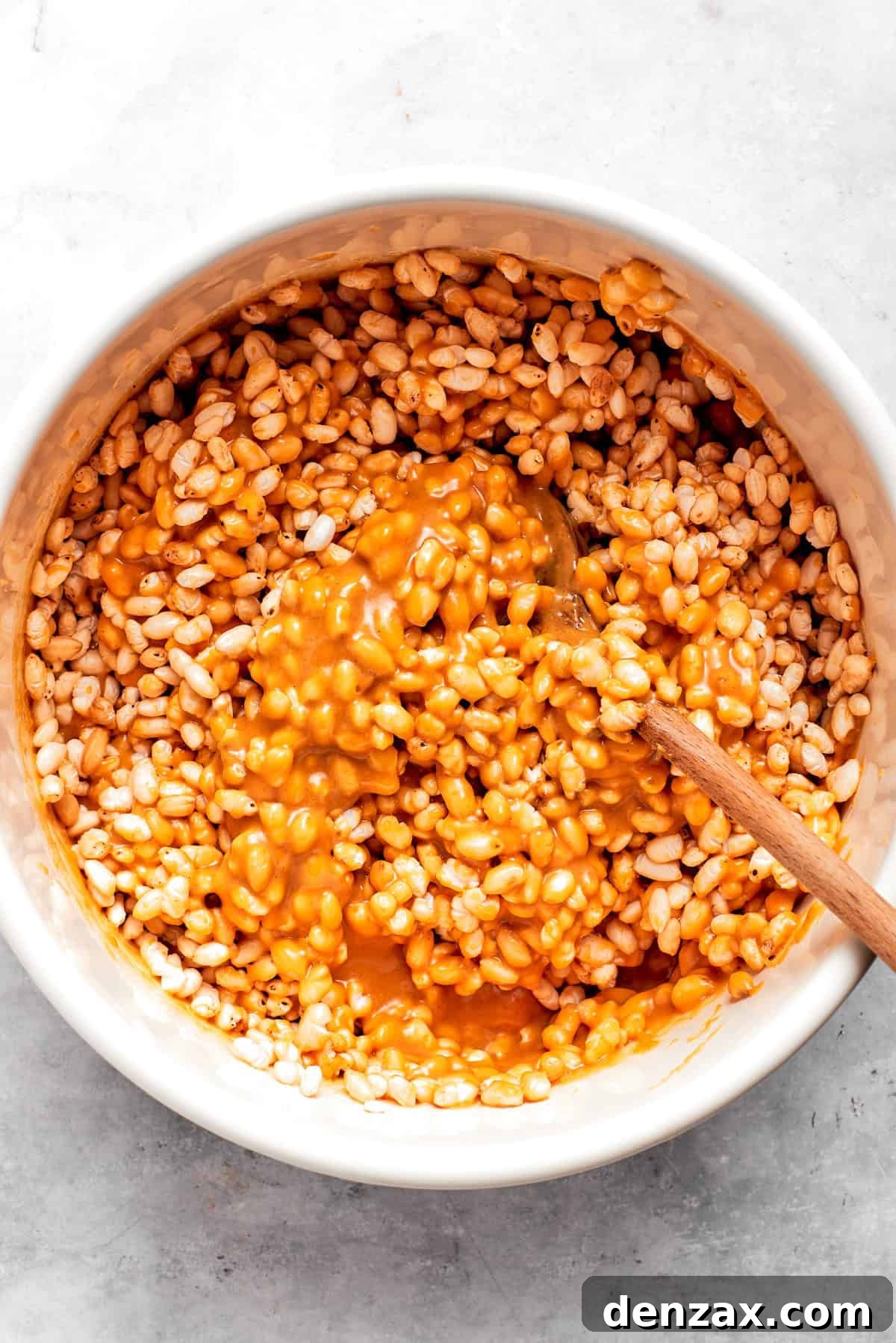 Peanut butter mixed into rice krispies.