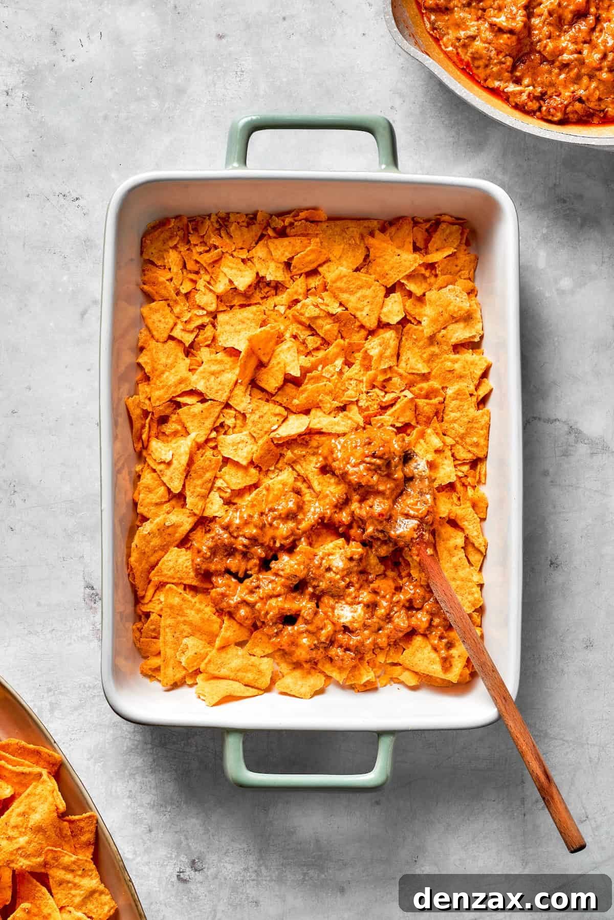 A layer of Doritos added to Dorito casserole.