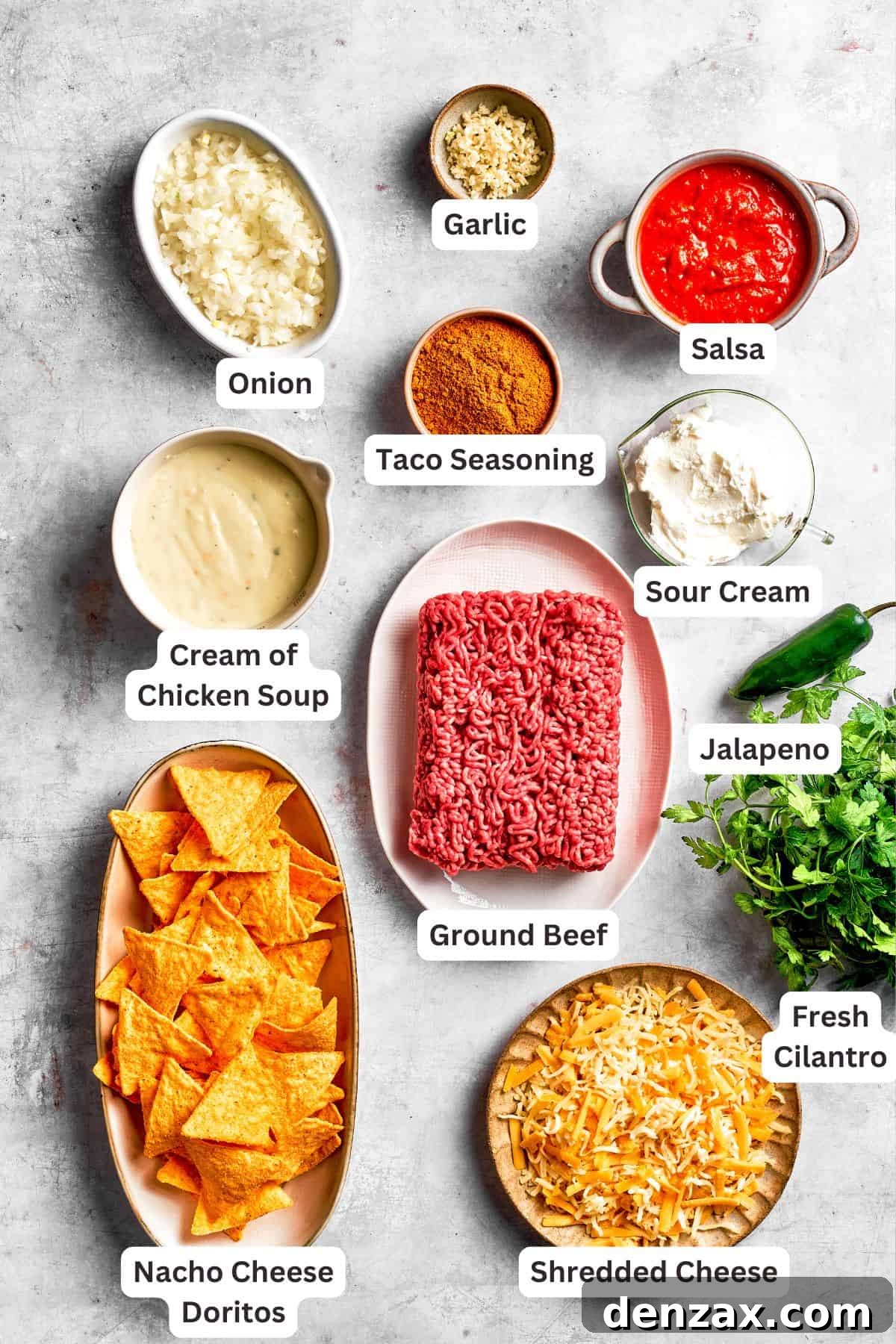 Ingredients for doritos casserole are text-labeled.