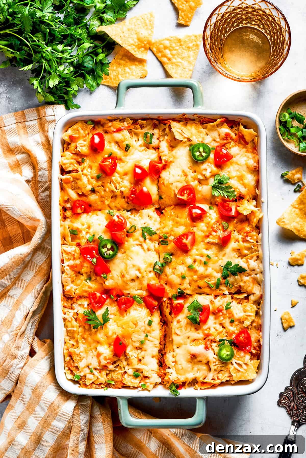 Dorito casserole in a dish, cut up into 6 slices.