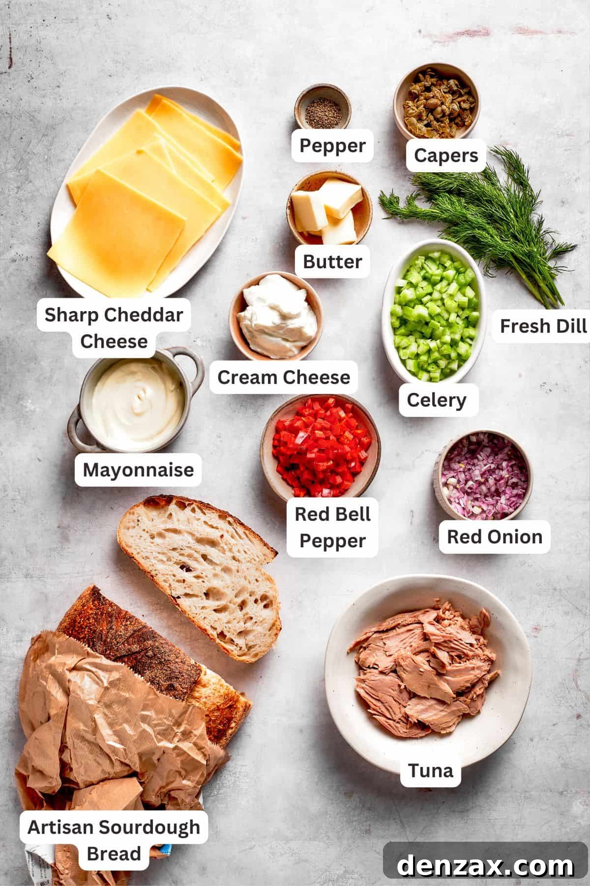 Ingredients for a tuna melt recipe are text-labeled.