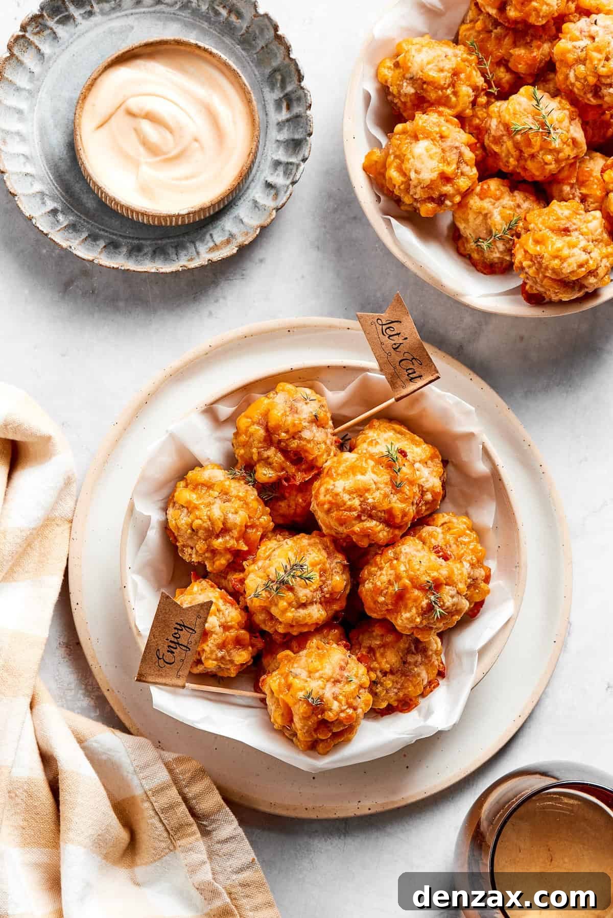 This sausage balls recipe relies on Bisquick, pork sausage, and Italian seasoning for an easy appetizer. Don't forget the dipping sauce! Bowls of sausage balls and dip.