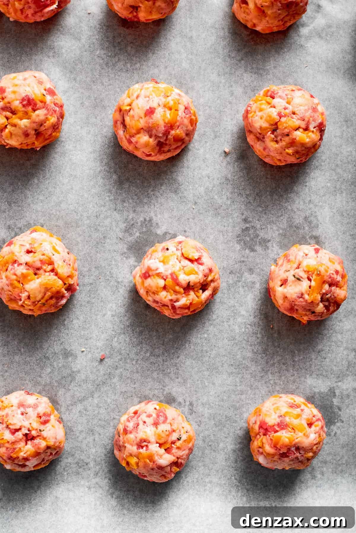 This sausage balls recipe relies on Bisquick, pork sausage, and Italian seasoning for an easy appetizer. Don't forget the dipping sauce! Sausage balls on a line baking tray.