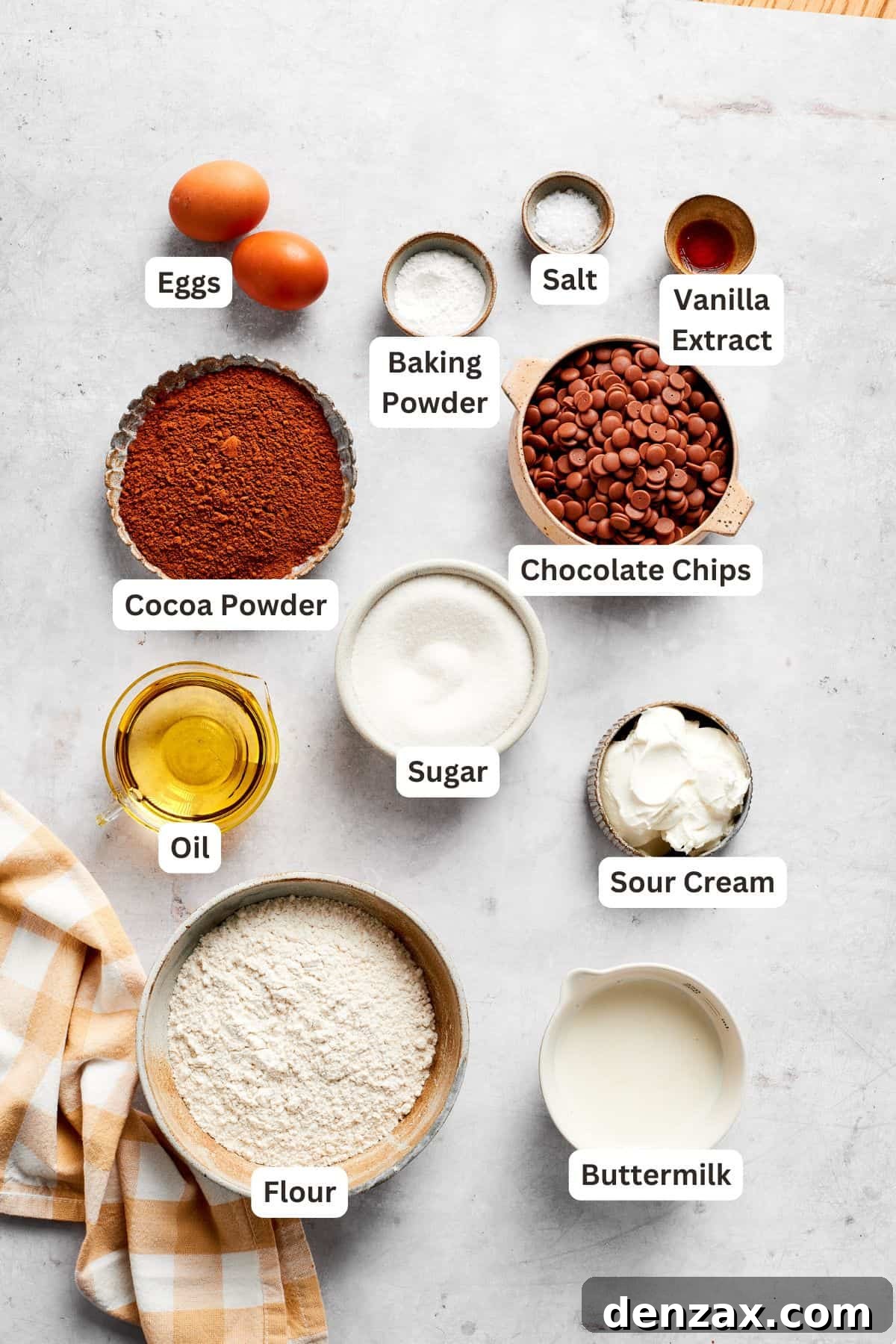 Ingredients for a chocolate muffins recipe are text labeled.