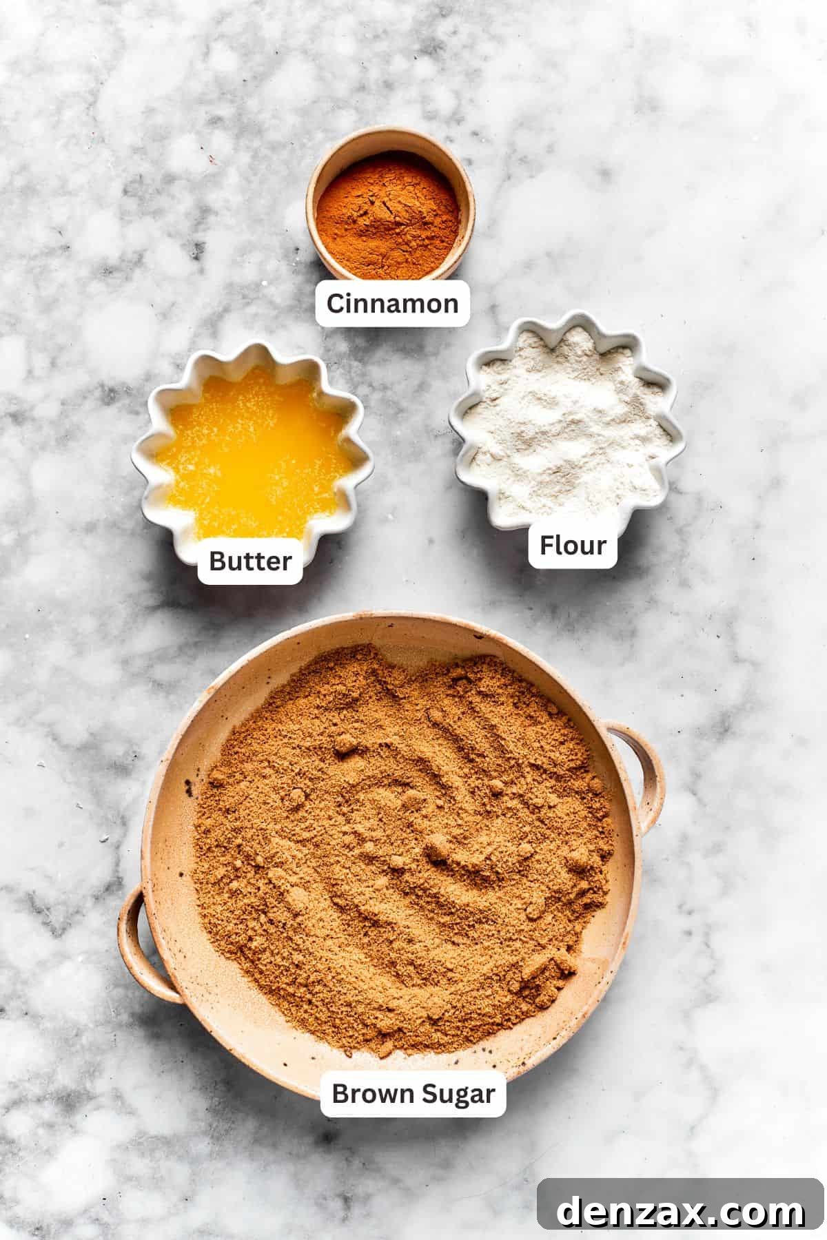 The ingredients for a cinnamon swirl for cheesecake are portioned and text-labeled.