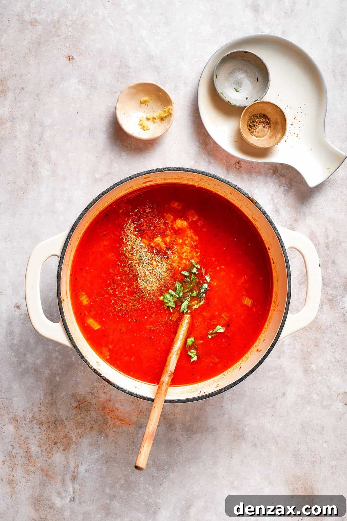 Herbs are added to tomato florentine soup.