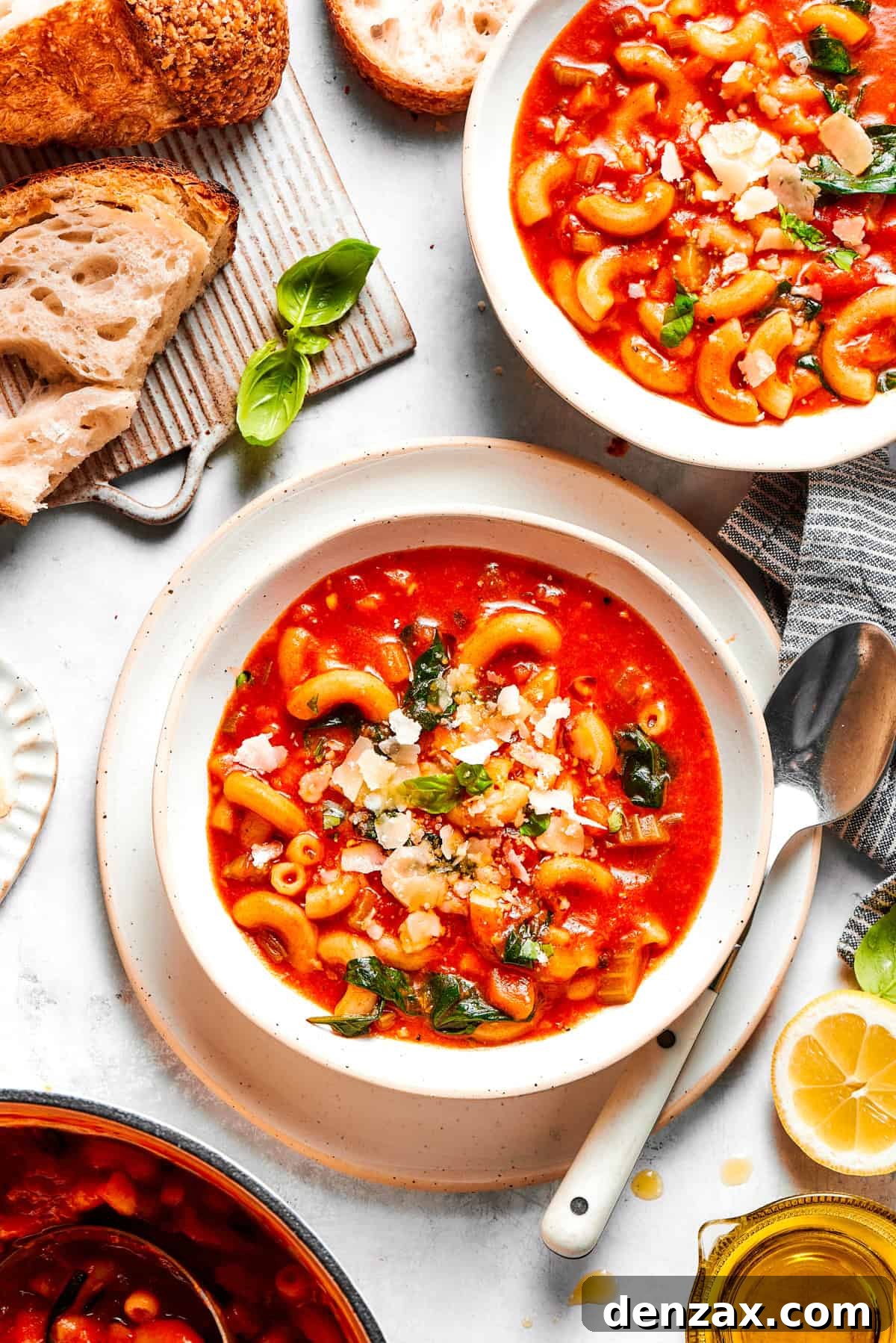 Two bowls of tomato soup, with bread and spoons placed near the bowls.