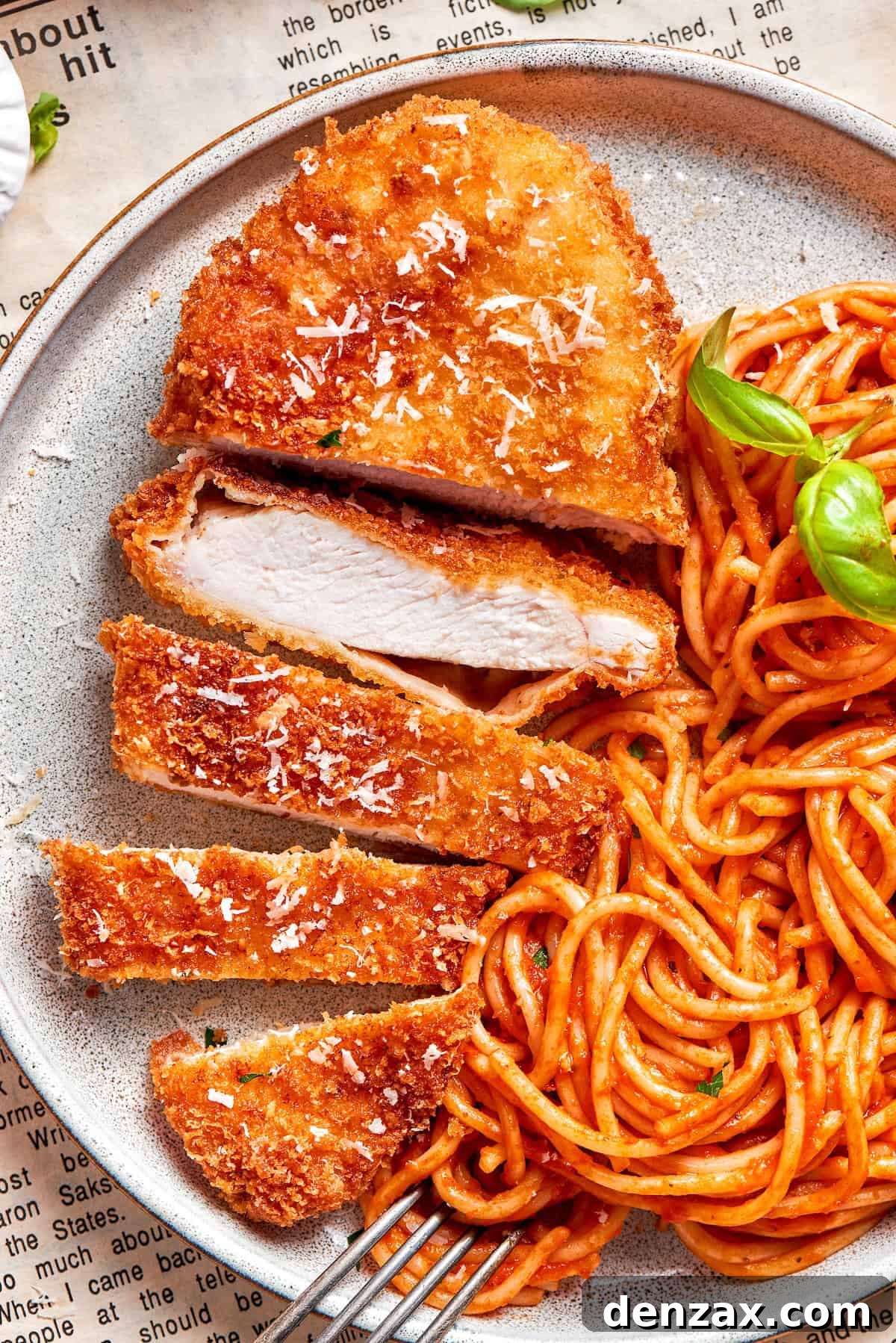 This Cheesecake Factory copycat crusted chicken romano stars crispy, breaded chicken cutlets served on pasta with marinara. A piece of crusted chicken romano sliced and served with spaghetti.