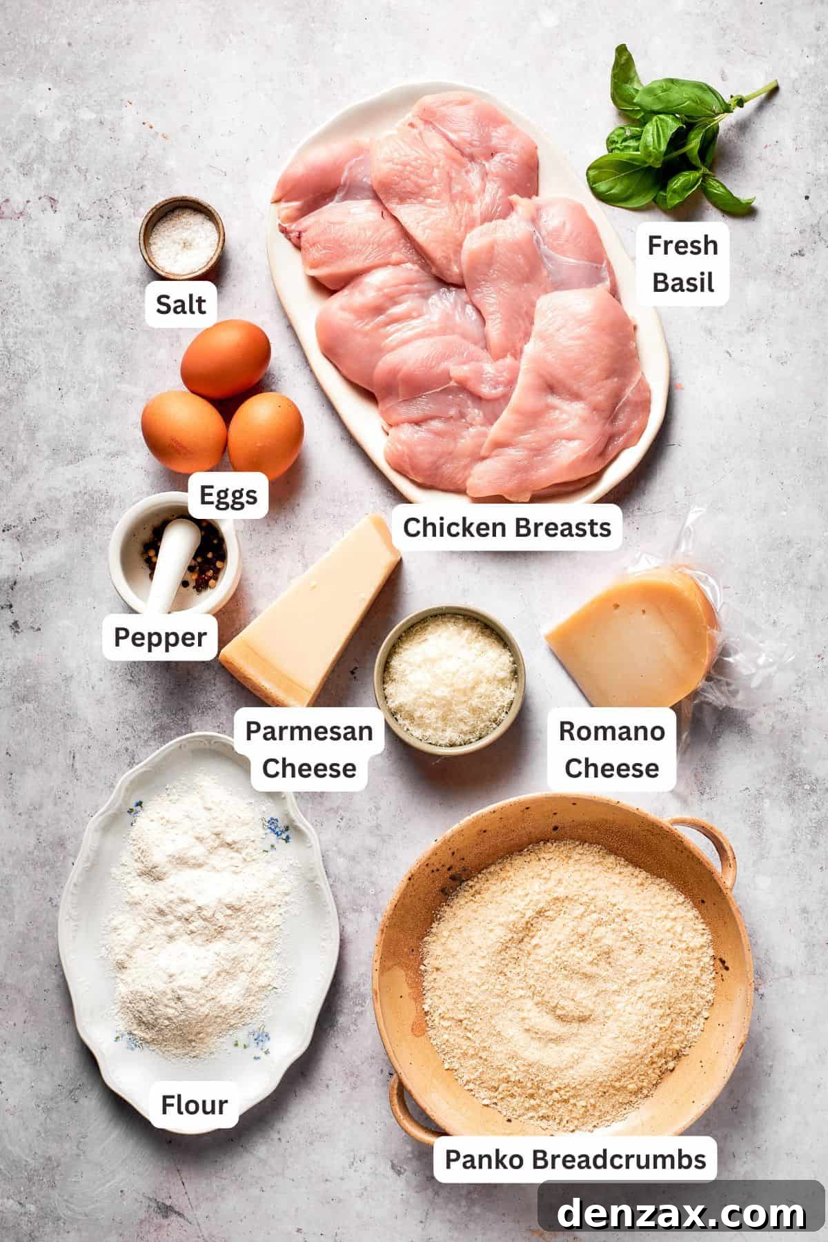 This Cheesecake Factory copycat crusted chicken romano stars crispy, breaded chicken cutlets served on pasta with marinara. Ingredients for crusted chicken romano are text-labeled.