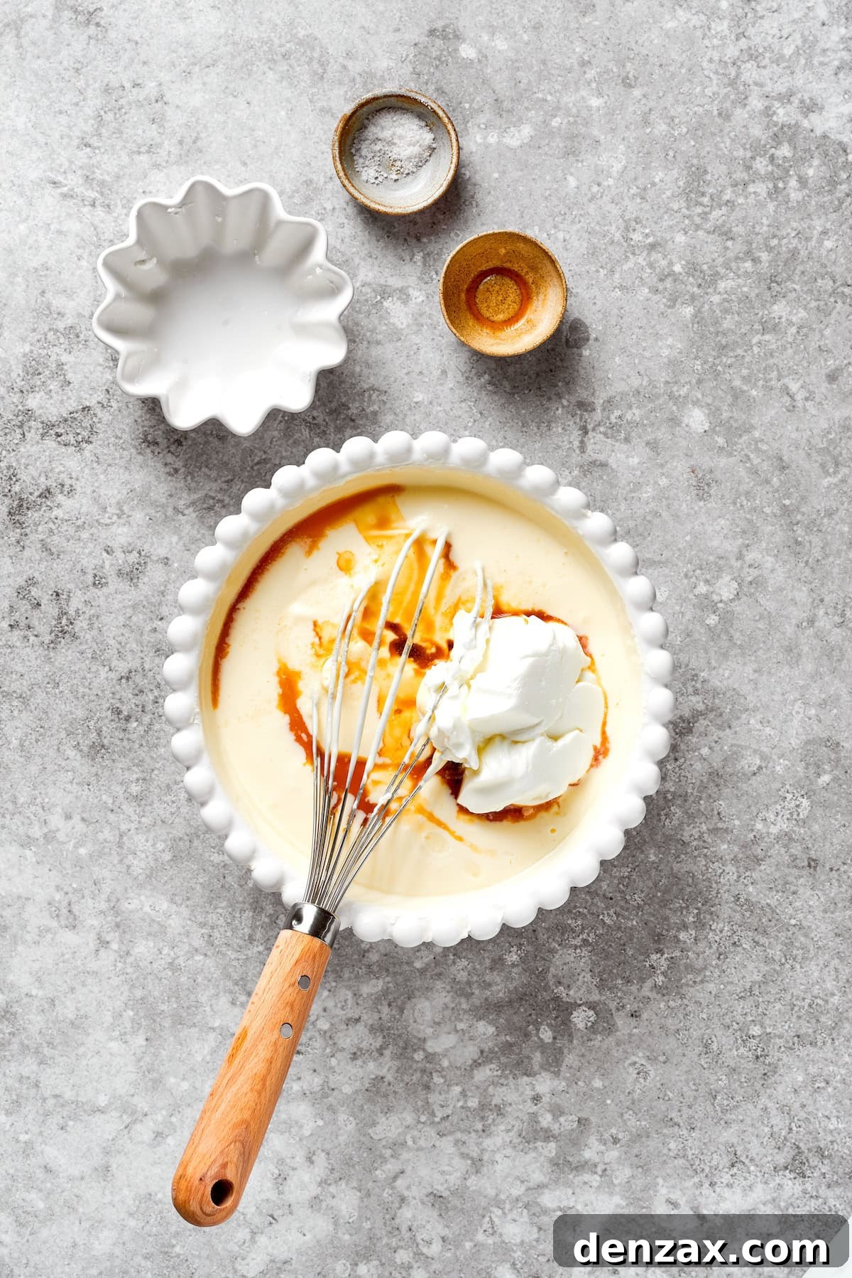Vanilla is added to cheesecake batter.