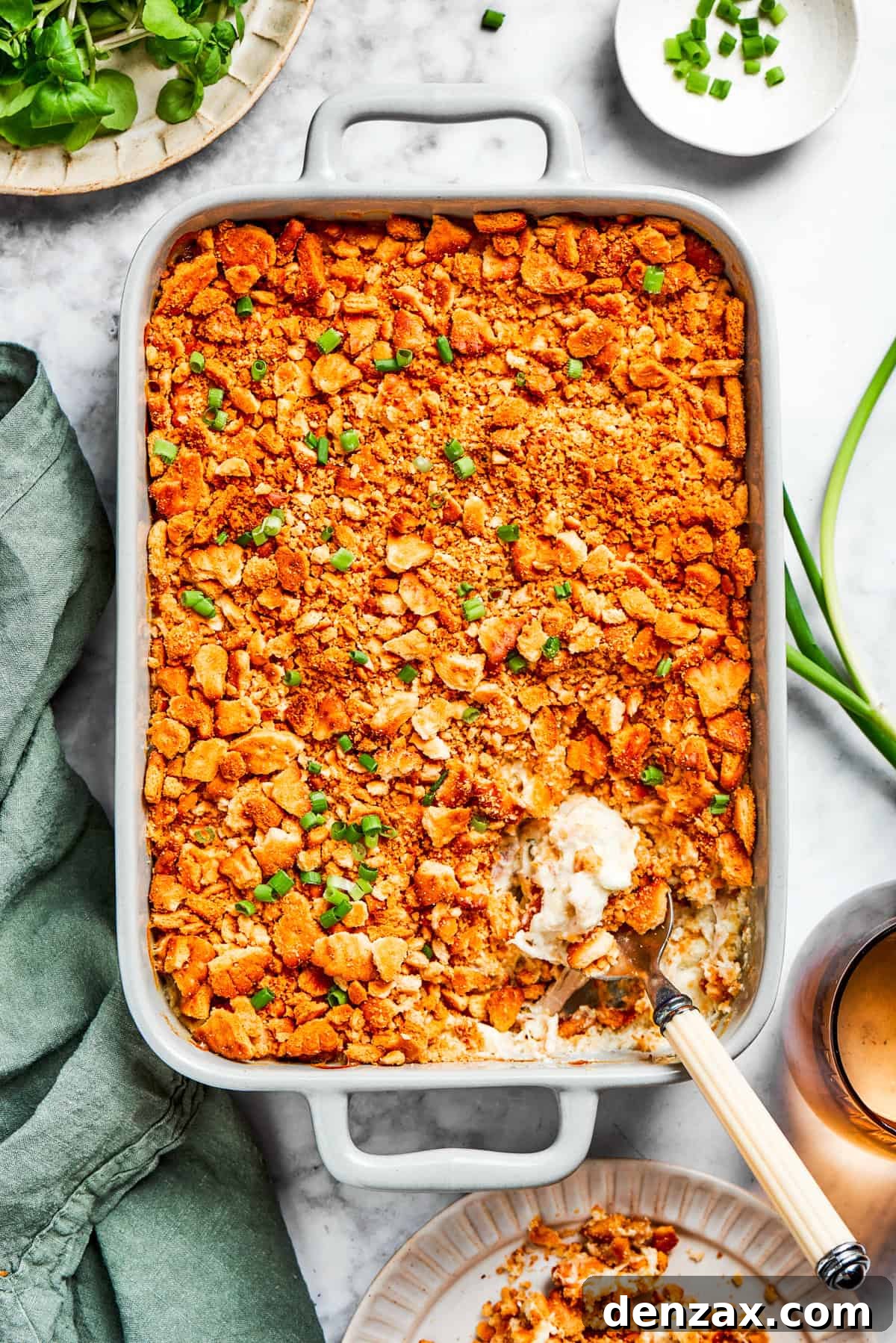 Million dollar chicken casserole topped with crushted ritz crackers.