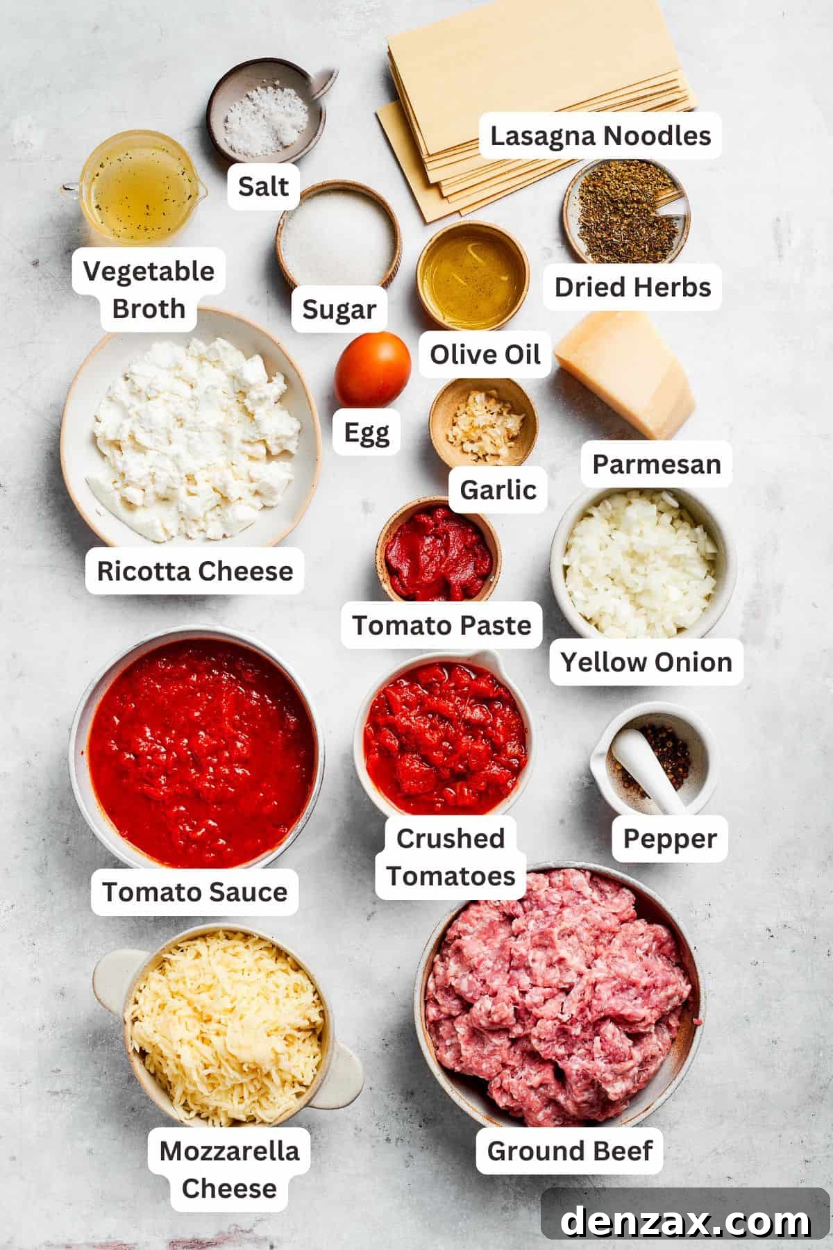 Ingredients for beef lasagna are text-labeled