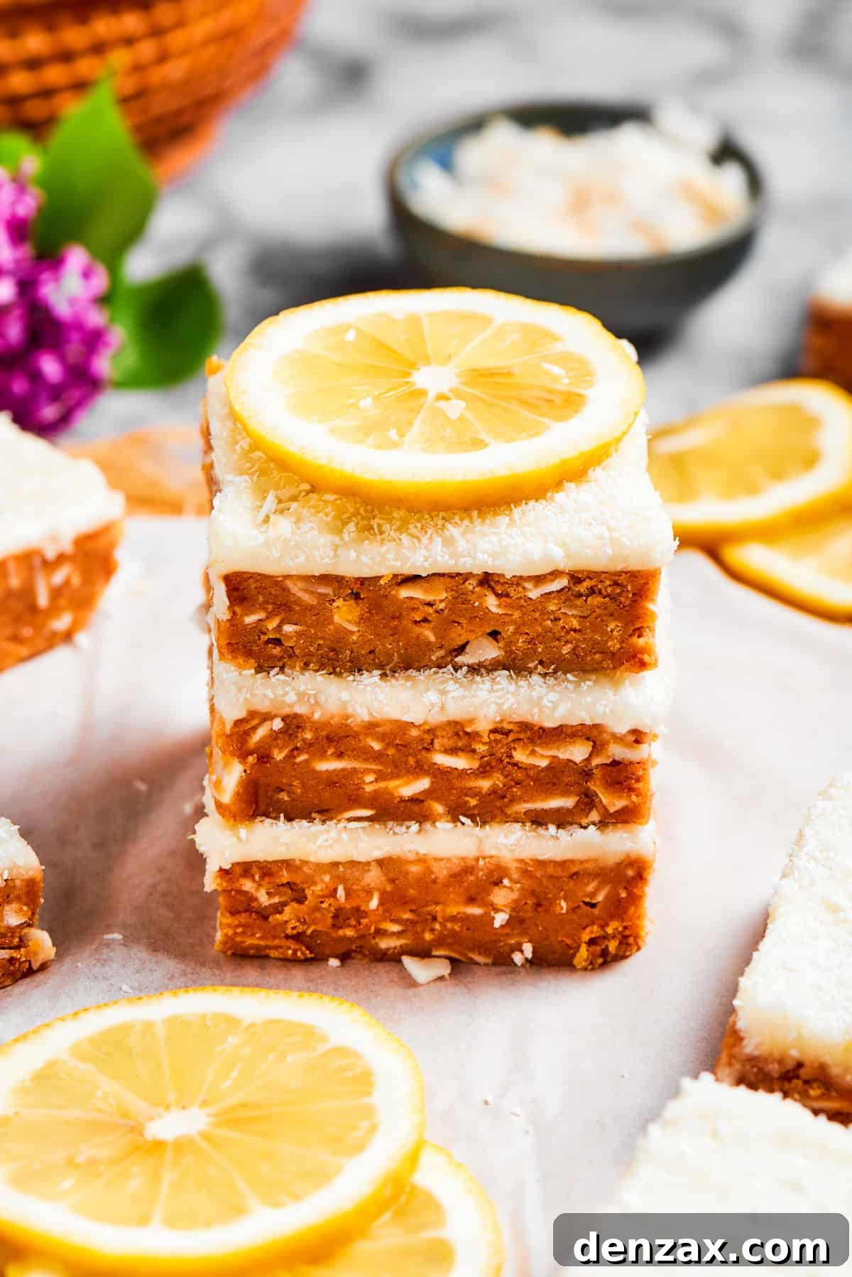 A stack of lemon slice squares garnished a lemon.