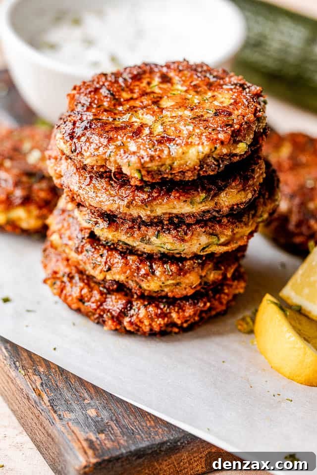 stacked zucchini patties with lemon wedges next to them and yogurt dip behind