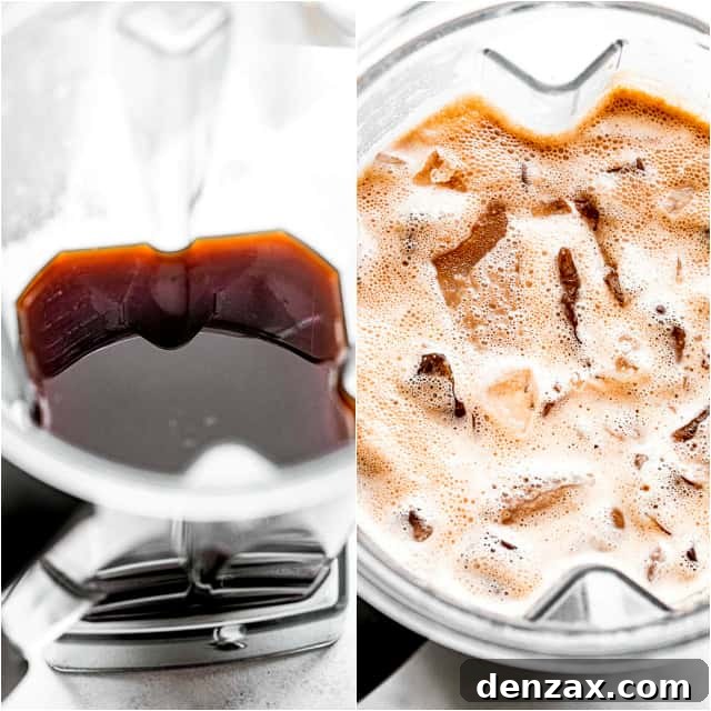 2 picture collage with a coffee in a blender