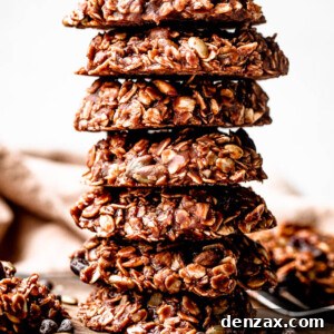 close up shot of a stack of seven no-bake cookies